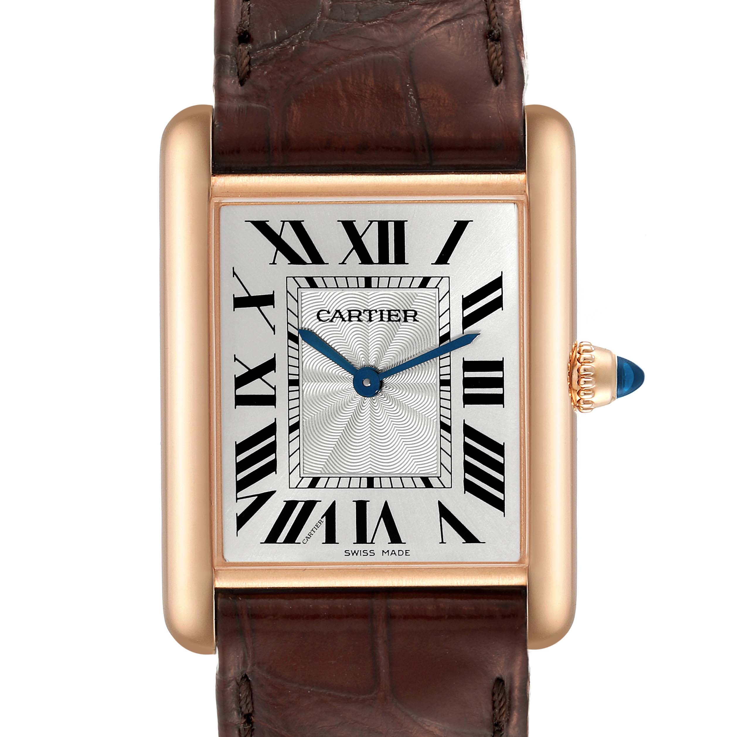 The image shows a front view of the Cartier Tank Louis WGTA0011 Men's Rose Gold Silver Dial WGTA0011 Men's Rose Gold Silver Dial watch, highlighting the rectangular dial, Roman numerals, and leather strap.