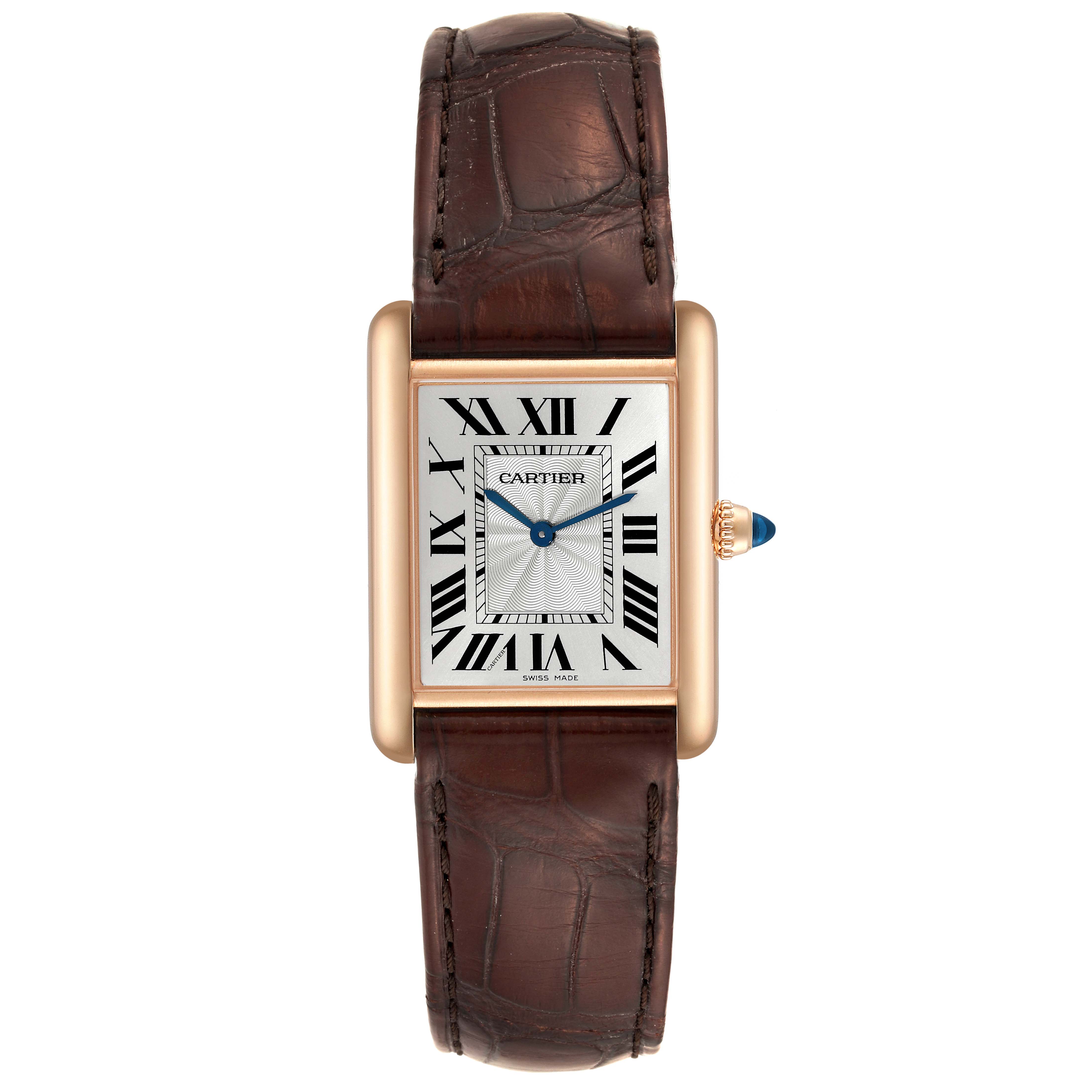 The image shows a front view of the Tank Louis watch by Cartier, displaying the dial, case, and leather strap.