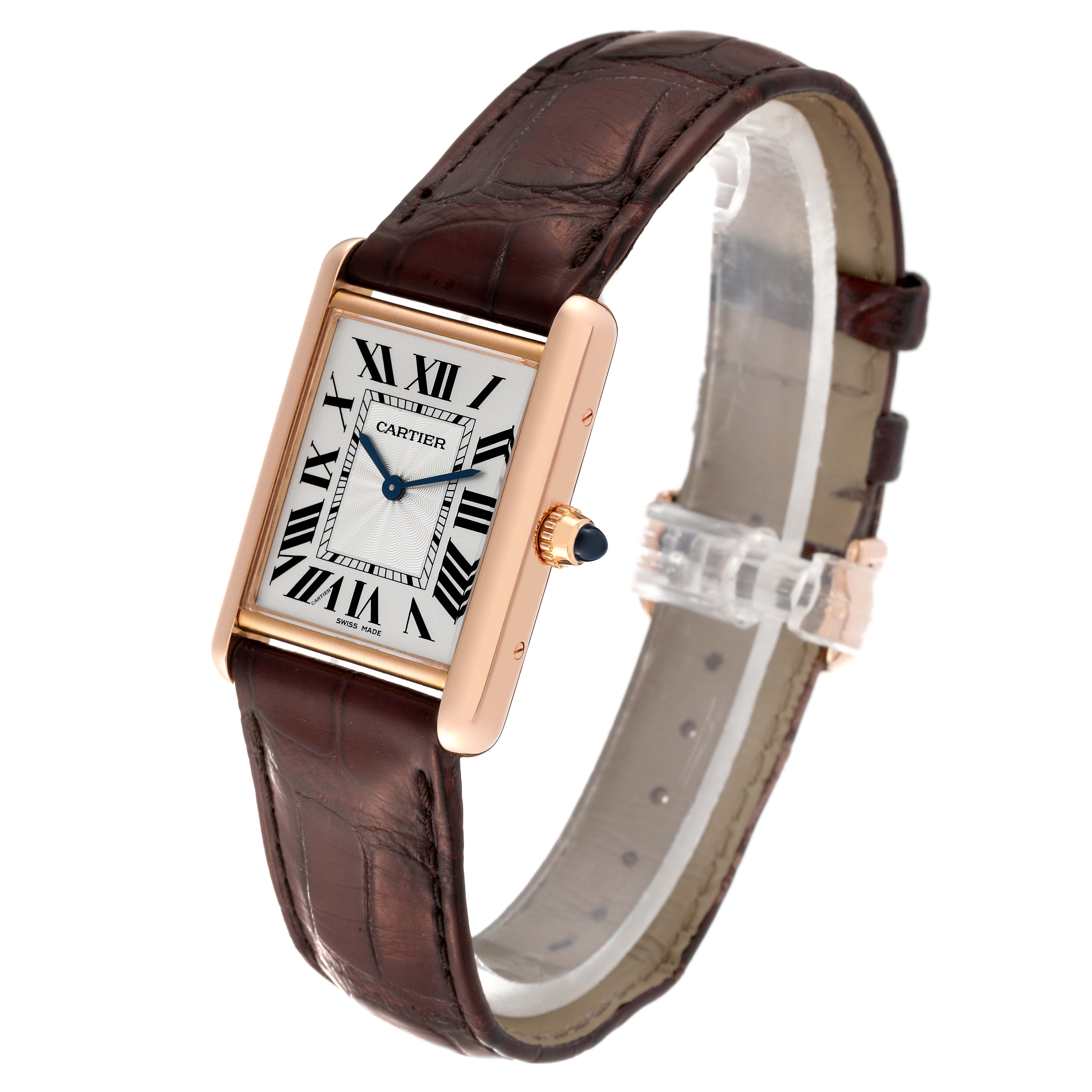 The image shows a Cartier Tank Louis WGTA0011 Men's Rose Gold Silver Dial WGTA0011 Men's Rose Gold Silver Dial watch at a slightly tilted angle, highlighting its rectangular face and leather strap.