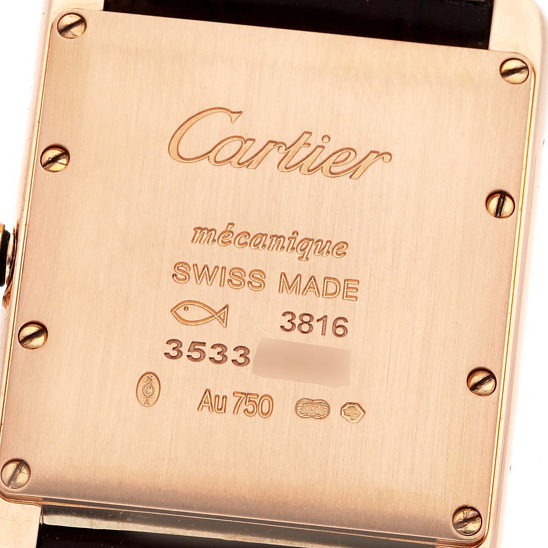 This image shows the back case of a Cartier Tank Louis WGTA0011 Men's Rose Gold Silver Dial WGTA0011 Men's Rose Gold Silver Dial watch, displaying engravings and screws.