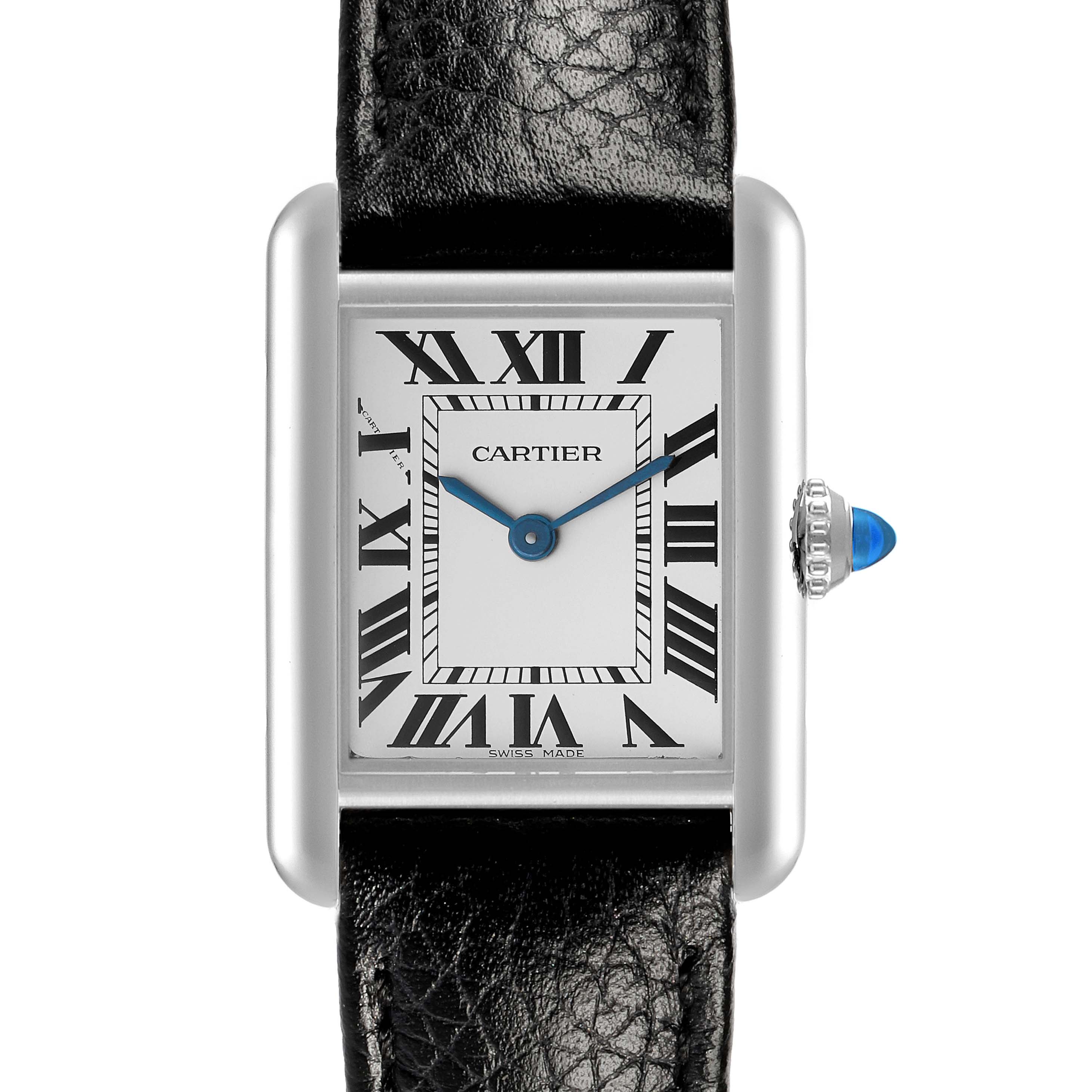 The Cartier Tank Must WSTA0042 Men's Stainless Steel Silver Dial watch is shown from a front angle, displaying the dial, Roman numerals, and leather strap.