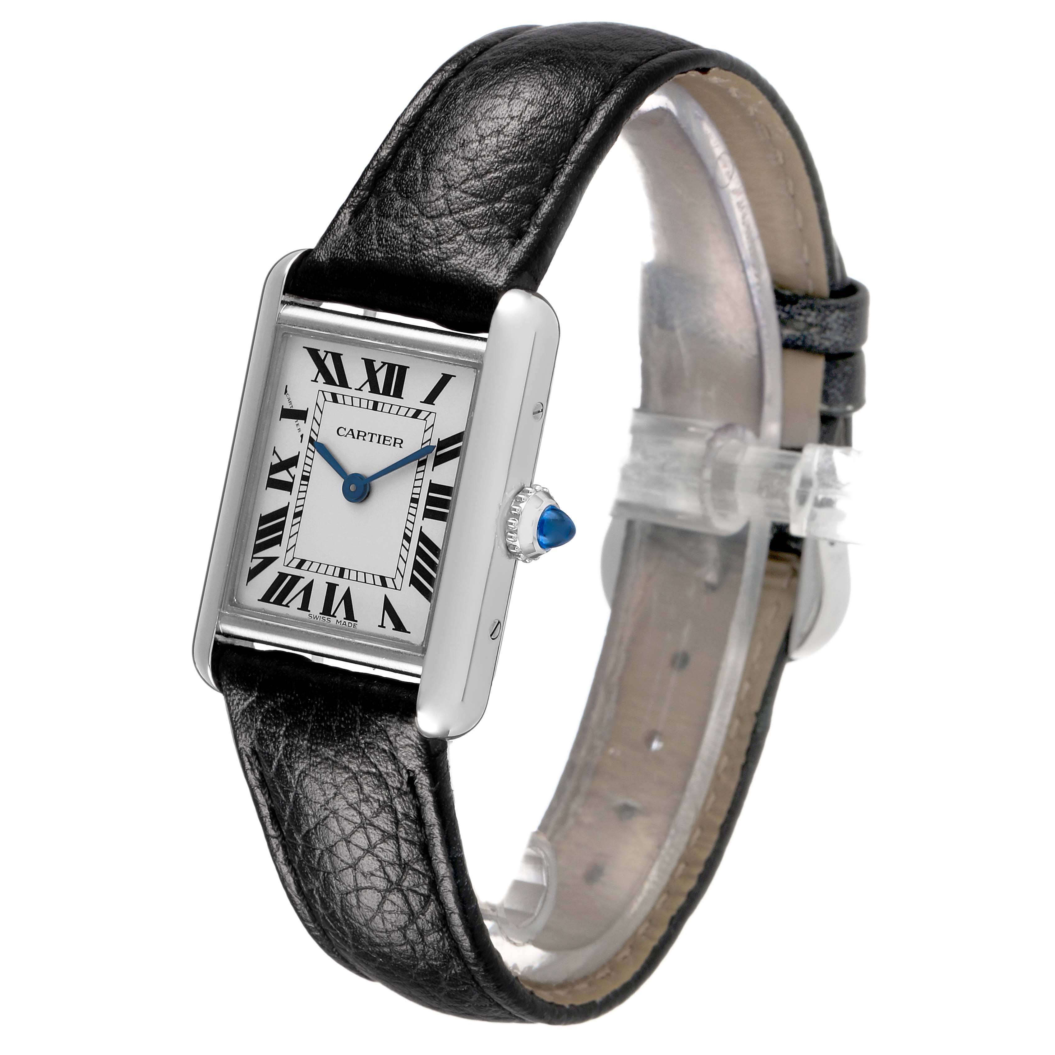 The Cartier Tank Must WSTA0042 Men's Stainless Steel Silver Dial watch is shown from a three-quarter angle, highlighting its face, leather strap, and crown.