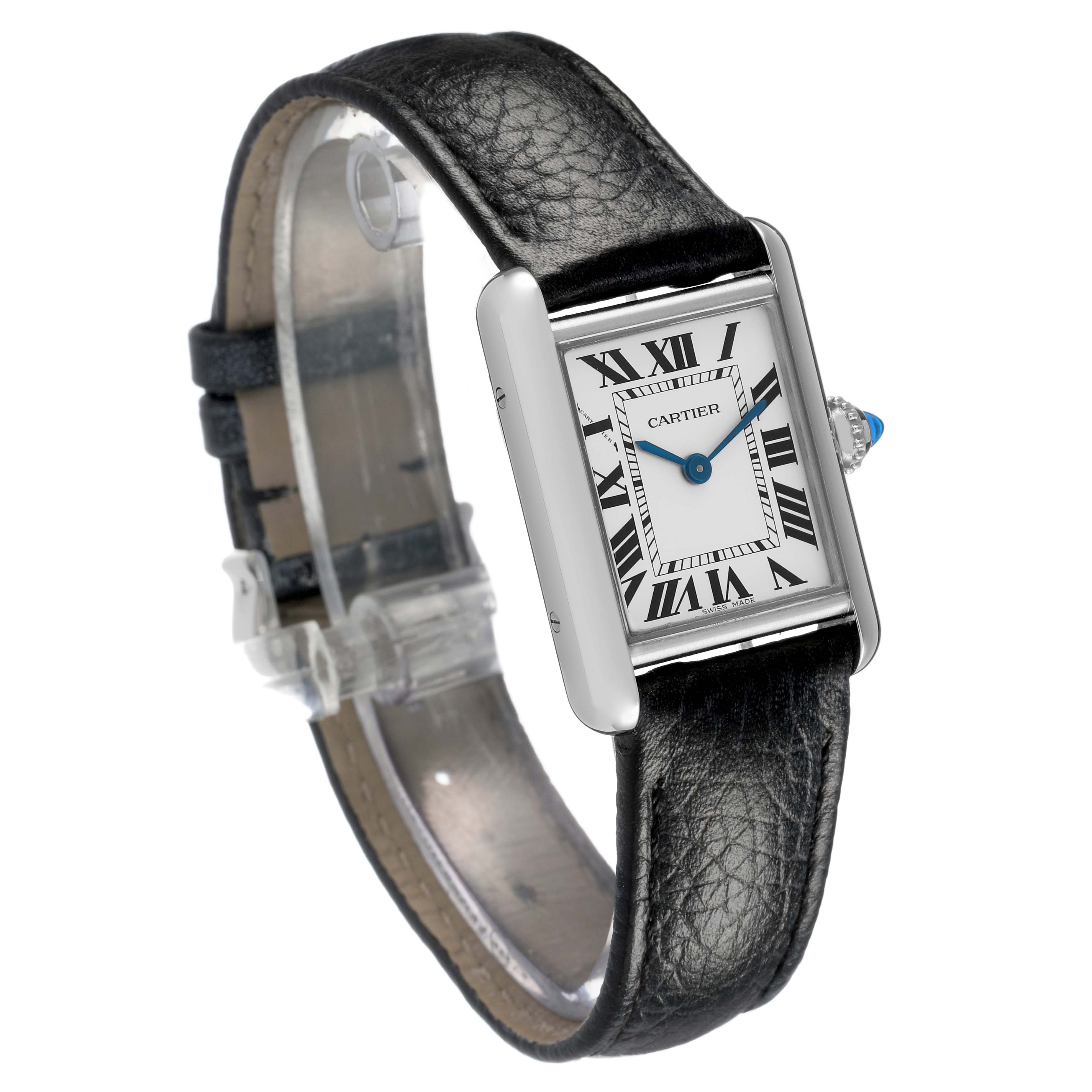 The Cartier Tank Must WSTA0042 Men's Stainless Steel Silver Dial watch is shown at an angled view, highlighting its rectangular face, Roman numerals, blue hands, and leather strap.