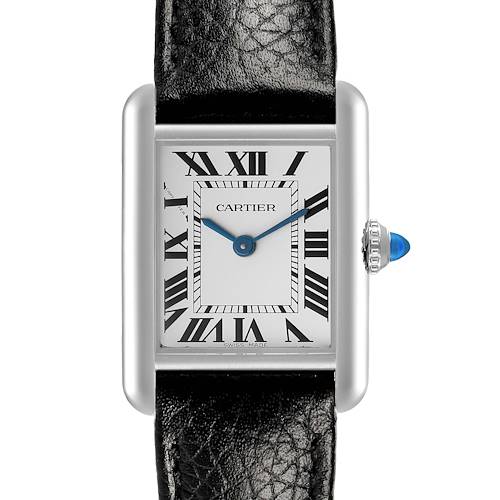 The Cartier Tank Must WSTA0042 Men's Stainless Steel Silver Dial watch is shown from a front angle, highlighting its face, Roman numerals, hands, and leather strap.
