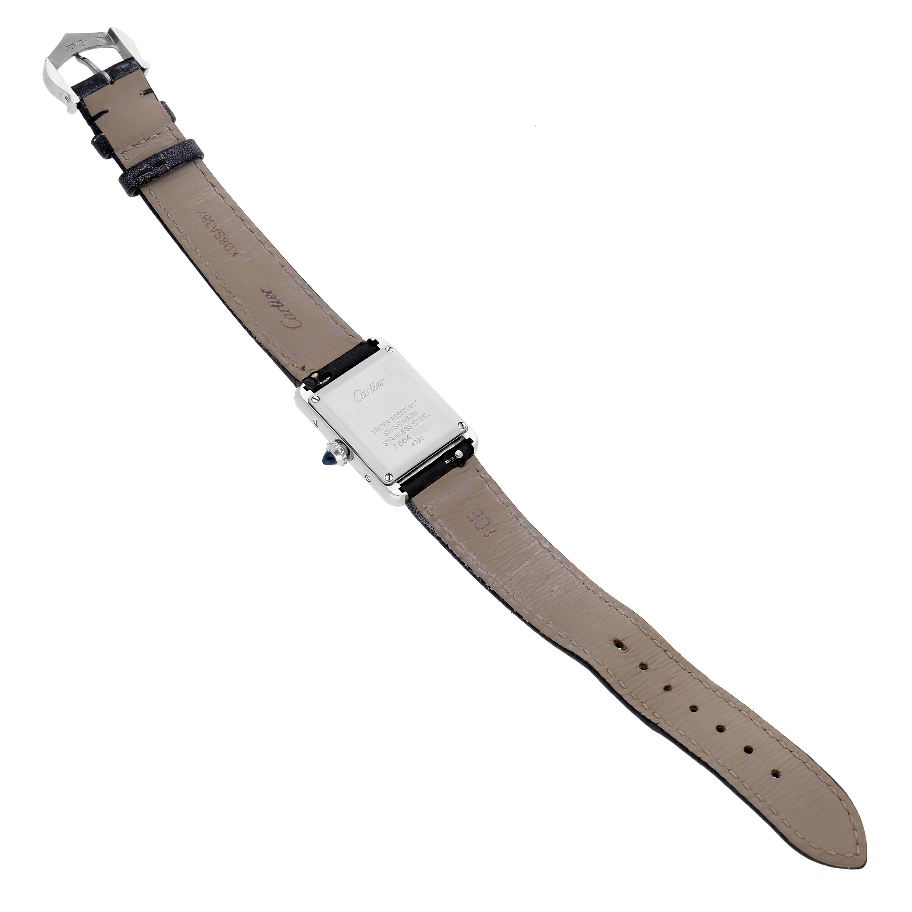 The Cartier Tank Must WSTA0042 Men's Stainless Steel Silver Dial watch is shown from the back, displaying the case back, strap, and buckle.