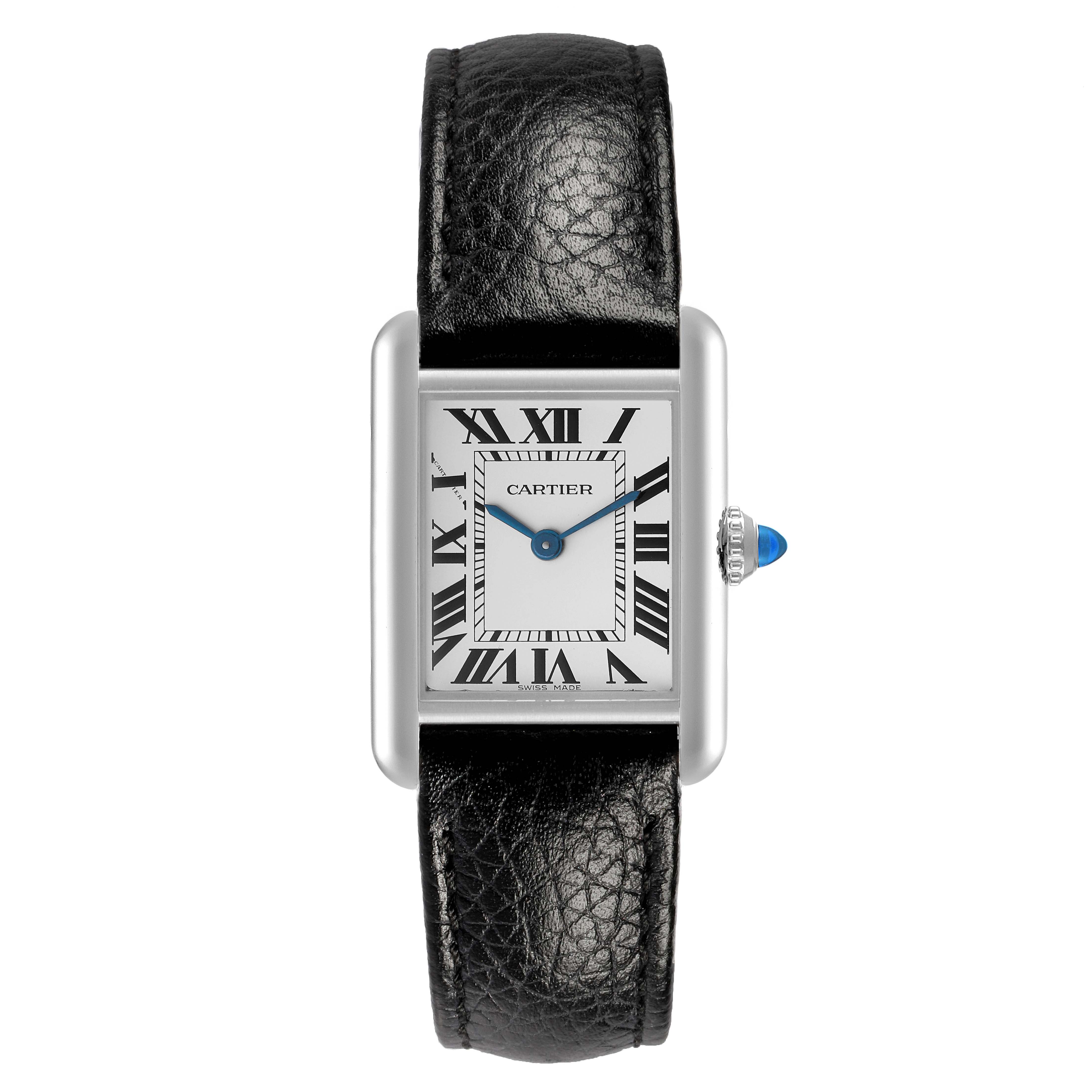 The Cartier Tank Must WSTA0042 Men's Stainless Steel Silver Dial watch is shown from the front, displaying its rectangular case, Roman numerals, and black leather strap.