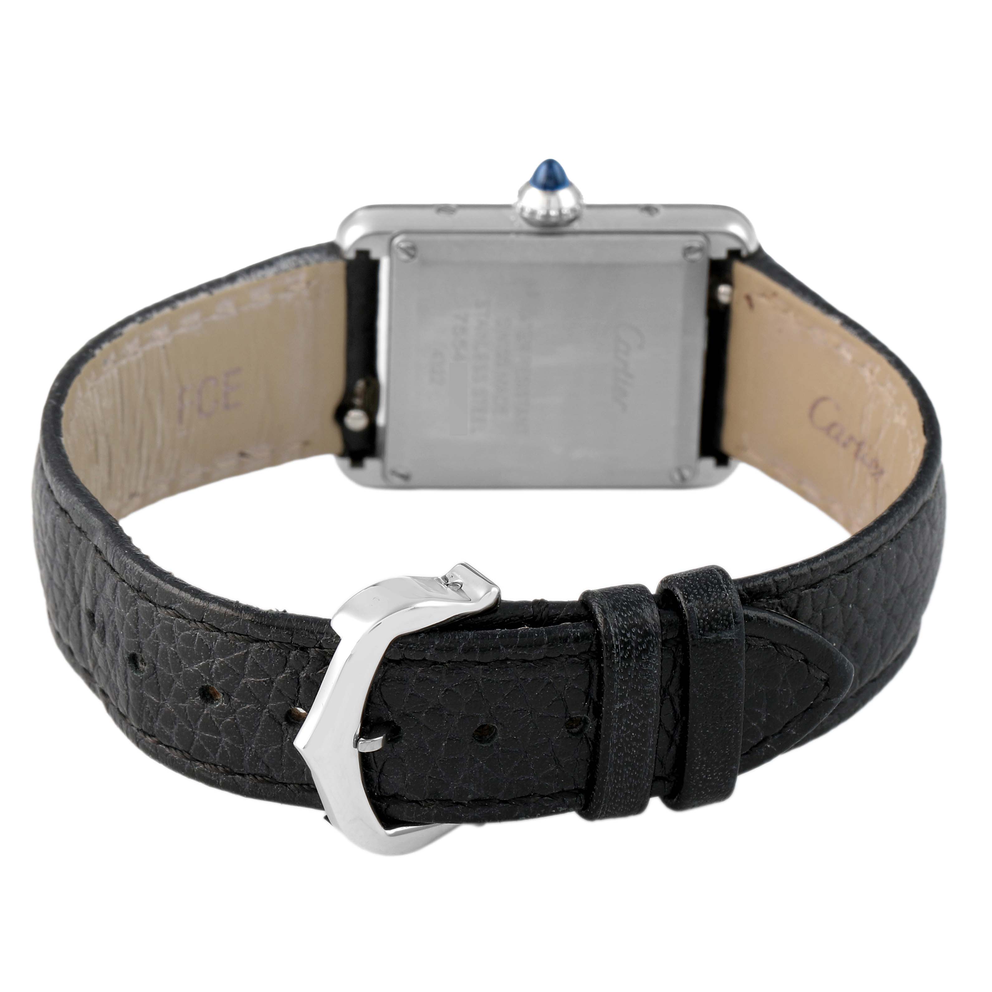 The image shows the back and side of the Cartier Tank Must WSTA0042 Men's Stainless Steel Silver Dial watch, highlighting the leather strap and buckle.