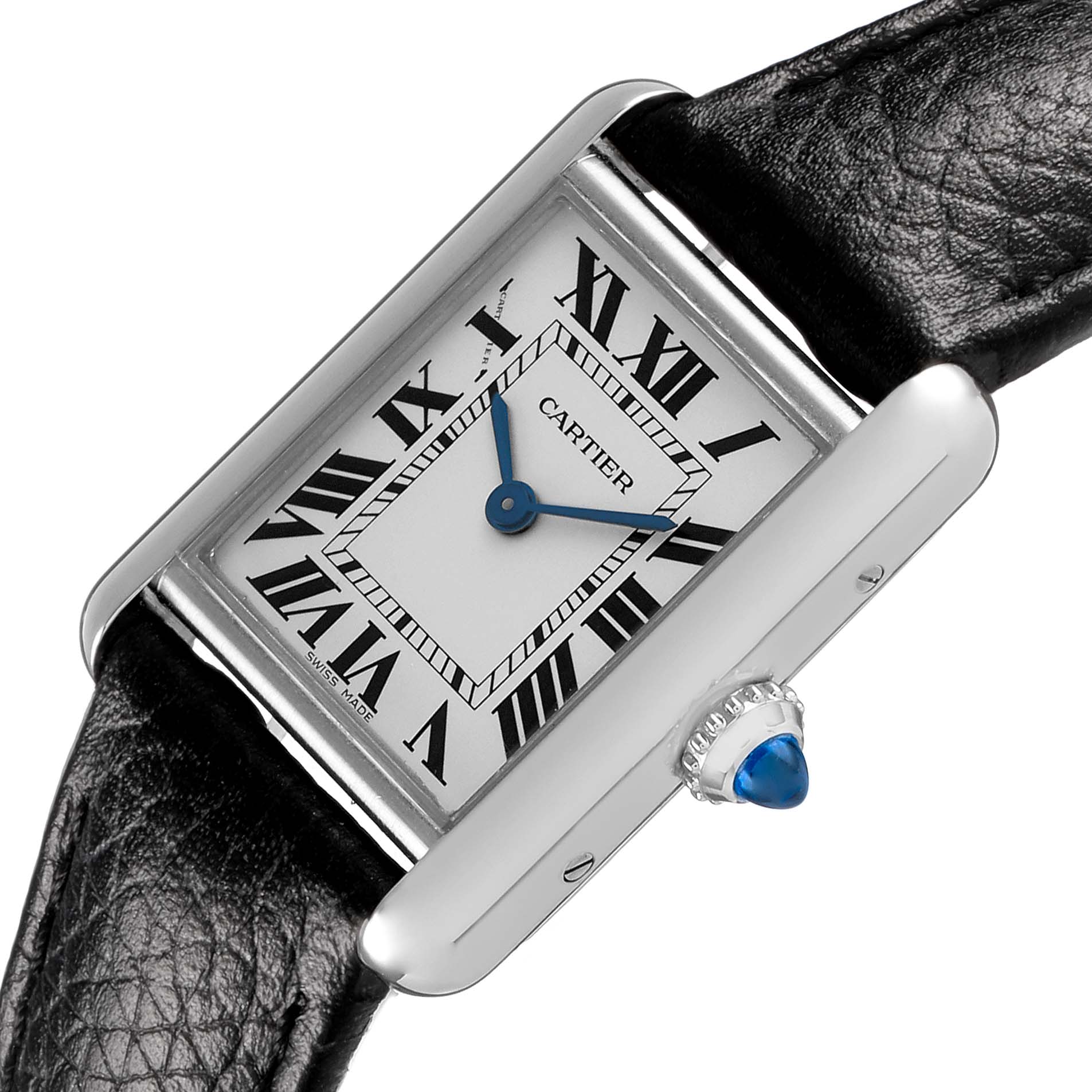 The Cartier Tank Must WSTA0042 Men's Stainless Steel Silver Dial watch is shown at an angled view, highlighting its dial, crown, and leather strap.