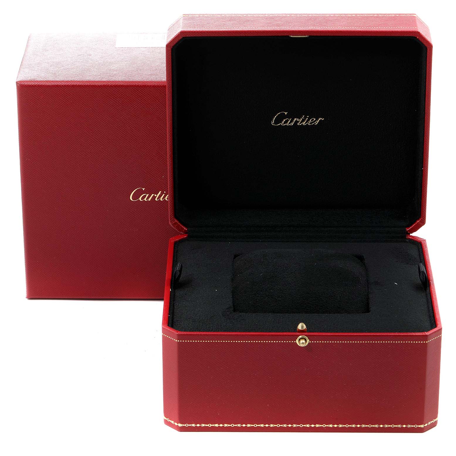 The image shows a Cartier Tank Obus 1630 Women's Yellow Gold Silver Dial 1630 Women's Yellow Gold Silver Dial watch box, open and closed, in red with gold accents and black interior.