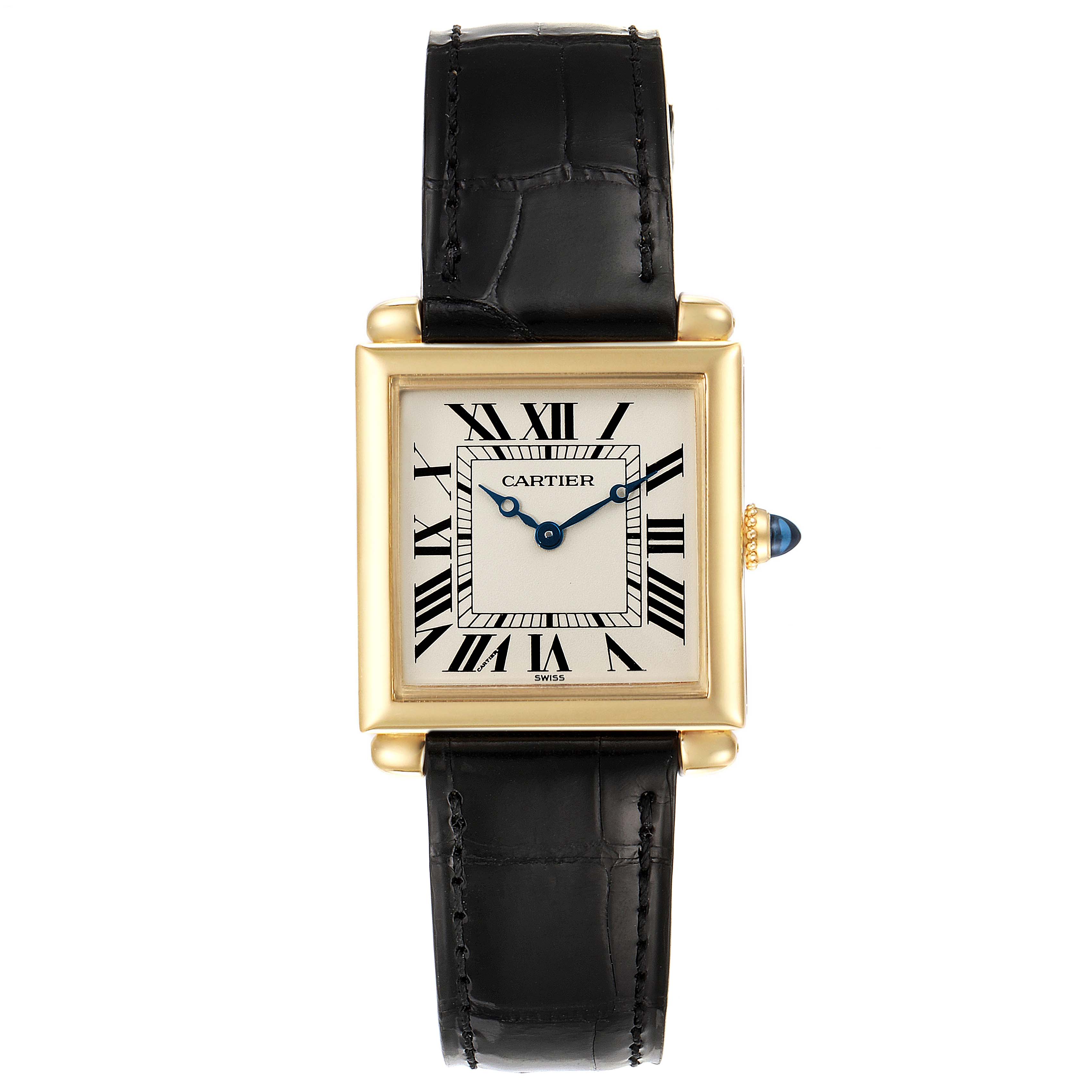 The image shows a straight-on view of a Cartier Tank Obus 1630 Women's Yellow Gold Silver Dial 1630 Women's Yellow Gold Silver Dial watch, highlighting its face, case, and leather strap.