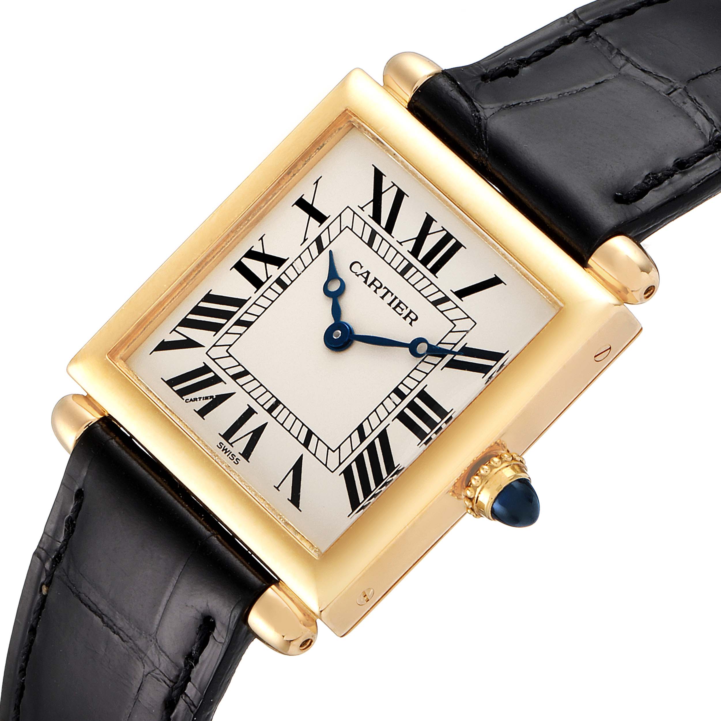The image shows a close-up of the Cartier Tank Obus 1630 Women's Yellow Gold Silver Dial 1630 Women's Yellow Gold Silver Dial watch, displaying the face, Roman numerals, and part of the black strap.