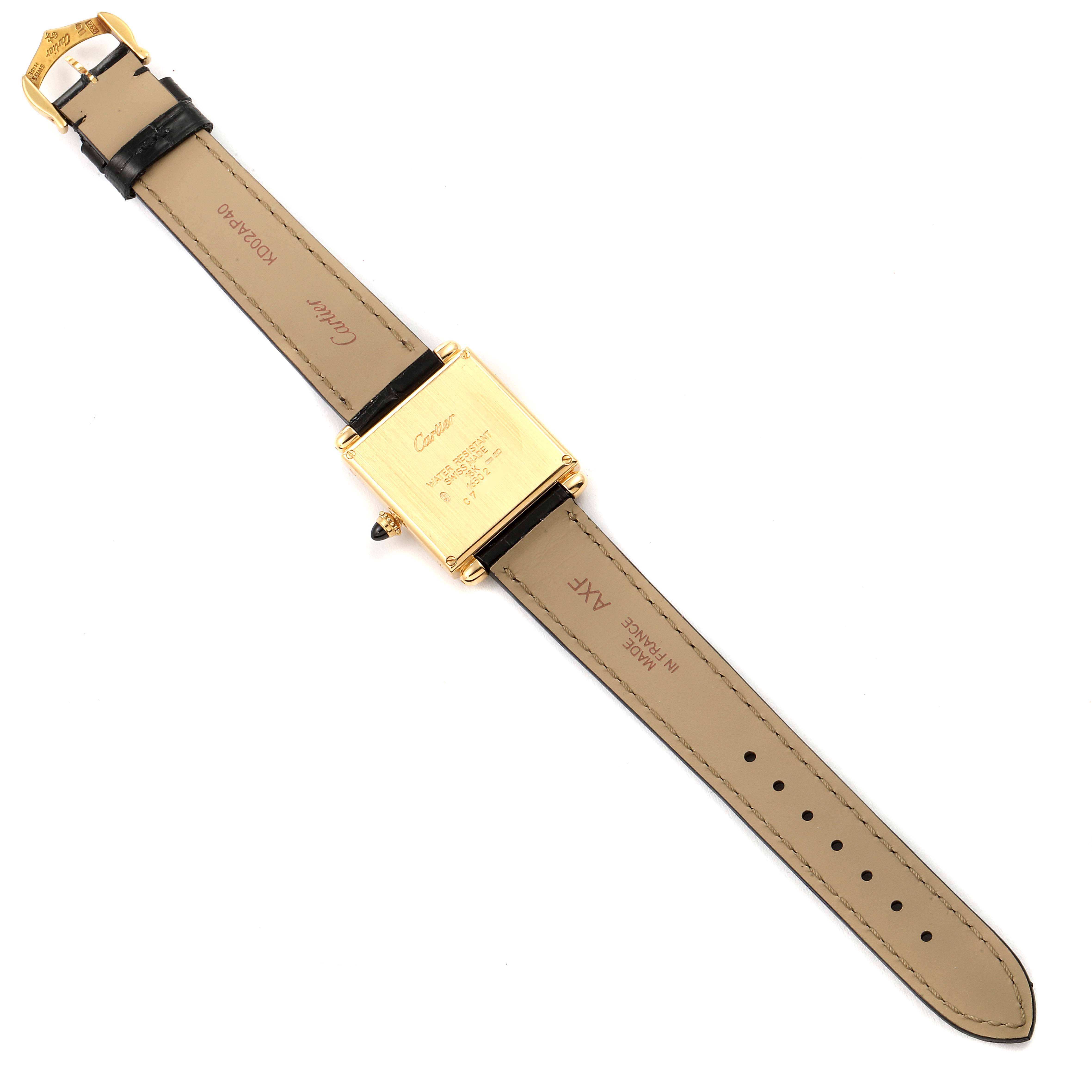 The image shows the back view of a Cartier Tank Obus 1630 Women's Yellow Gold Silver Dial 1630 Women's Yellow Gold Silver Dial watch, displaying the case back, straps, and buckle.