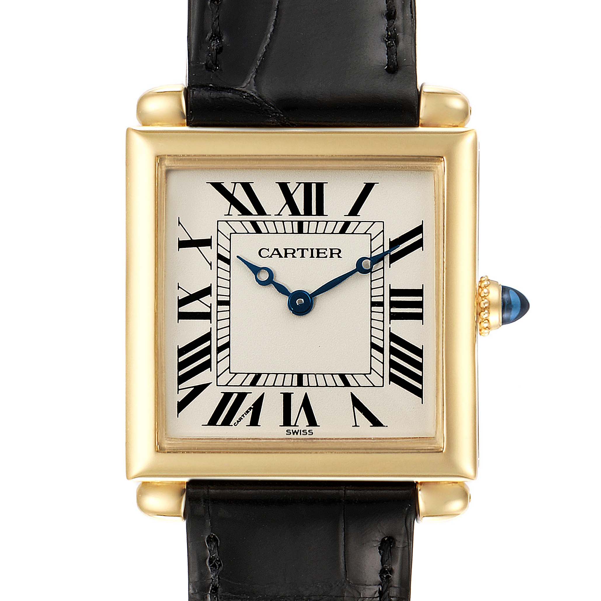 This image shows a front view of the Cartier Tank Obus 1630 Women's Yellow Gold Silver Dial 1630 Women's Yellow Gold Silver Dial watch, highlighting the face, dial, and part of the strap.