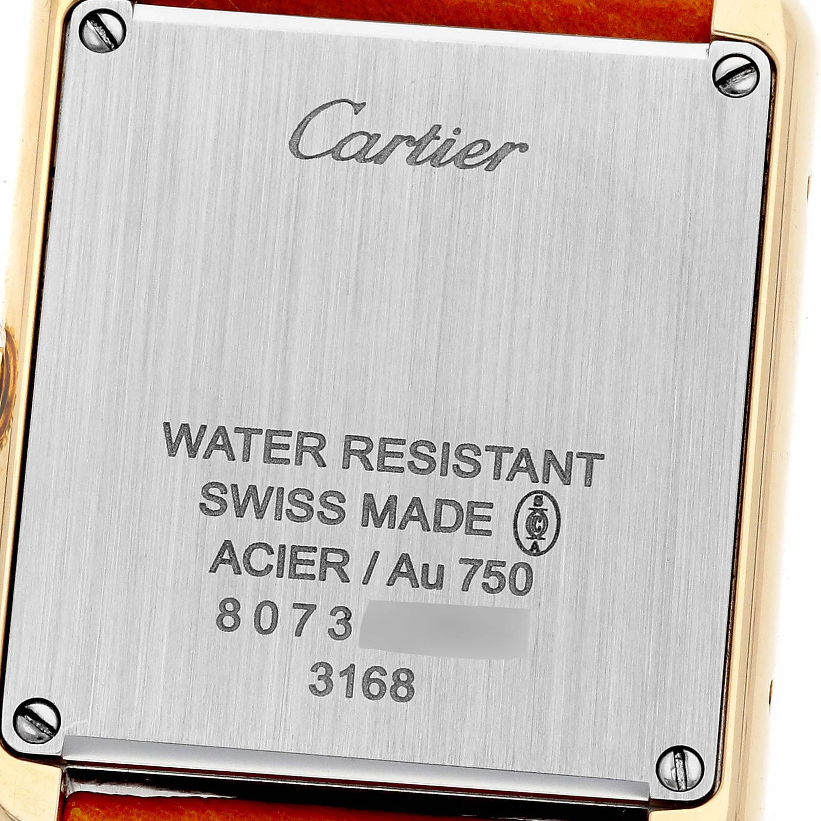 This image shows the back case of the Cartier Tank Solo W5200002 Women
s Steel and Gold (two tone) Silver Dial W5200002 Women
s Steel and Gold (two tone) Silver Dial watch, with water resistance and material information.