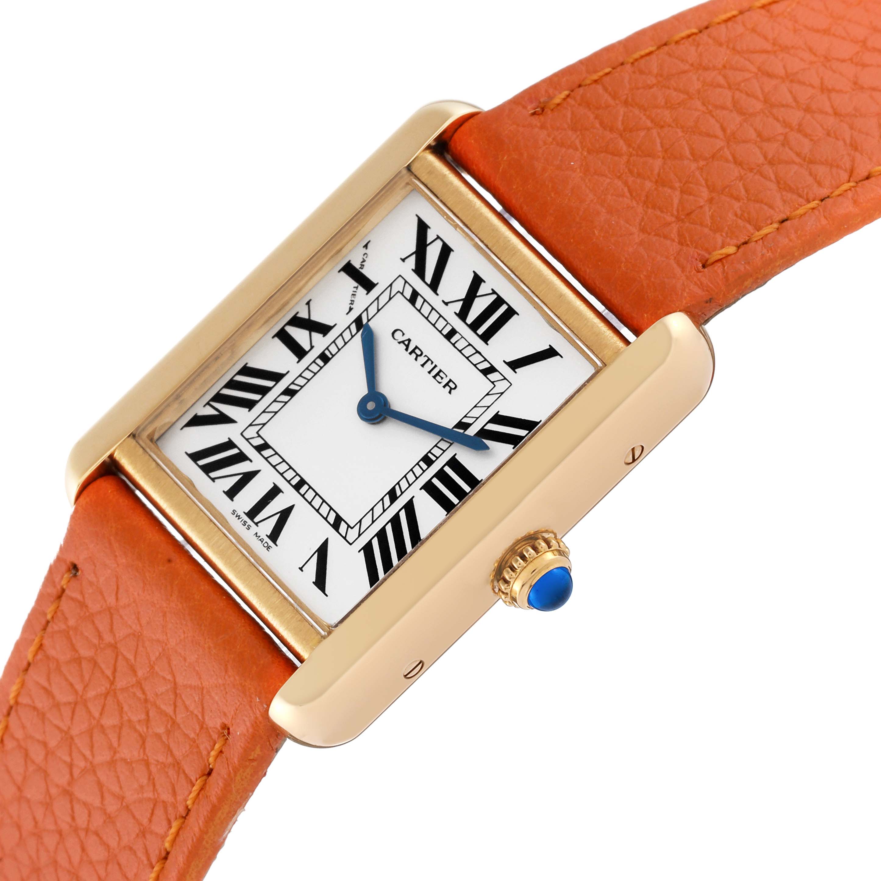 The image shows a Cartier Tank Solo W5200002 Women
s Steel and Gold (two tone) Silver Dial W5200002 Women
s Steel and Gold (two tone) Silver Dial watch at a slight angle, highlighting its face, crown, and orange strap.