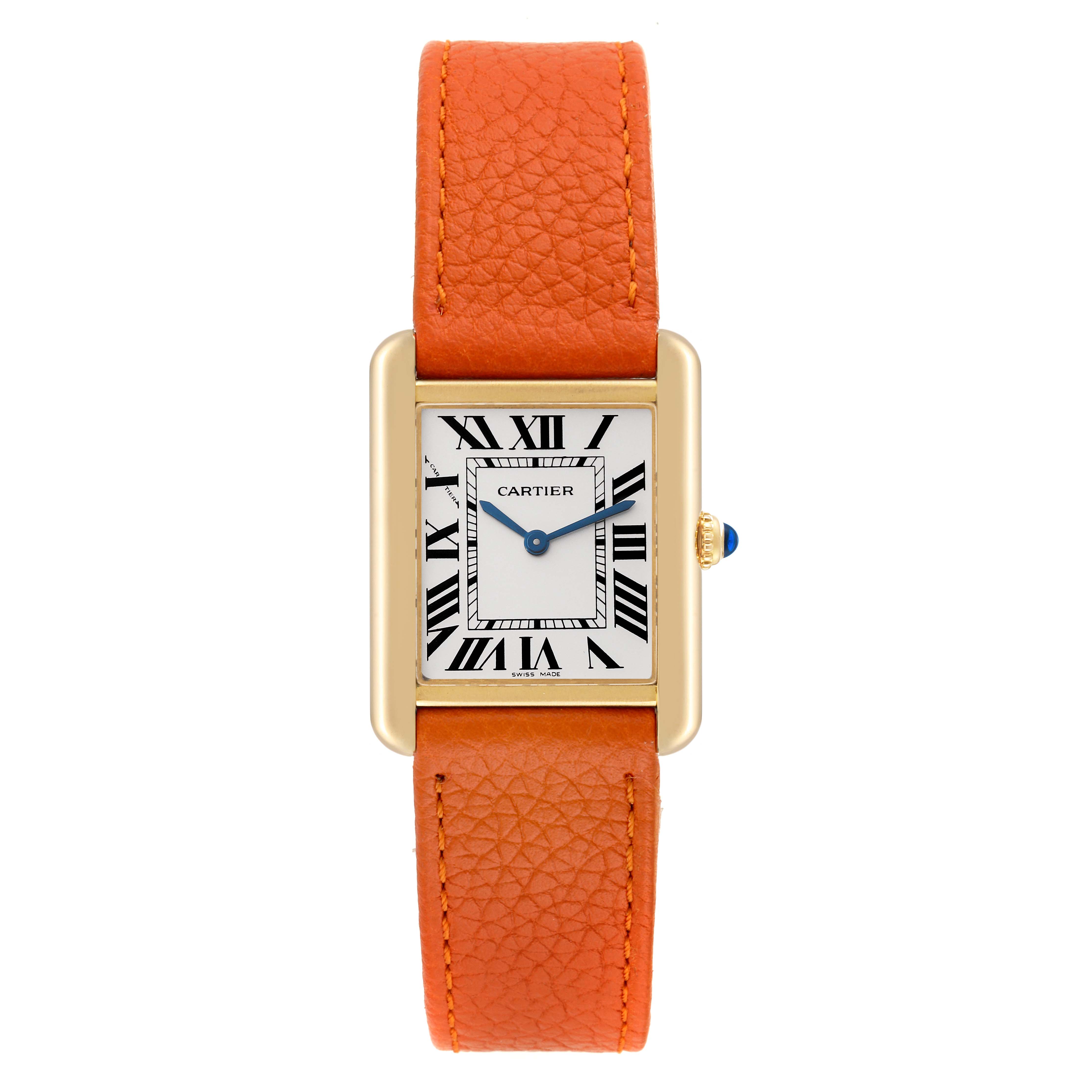 The image shows a frontal view of a Cartier Tank Solo W5200002 Women
s Steel and Gold (two tone) Silver Dial W5200002 Women
s Steel and Gold (two tone) Silver Dial watch with an orange leather strap.