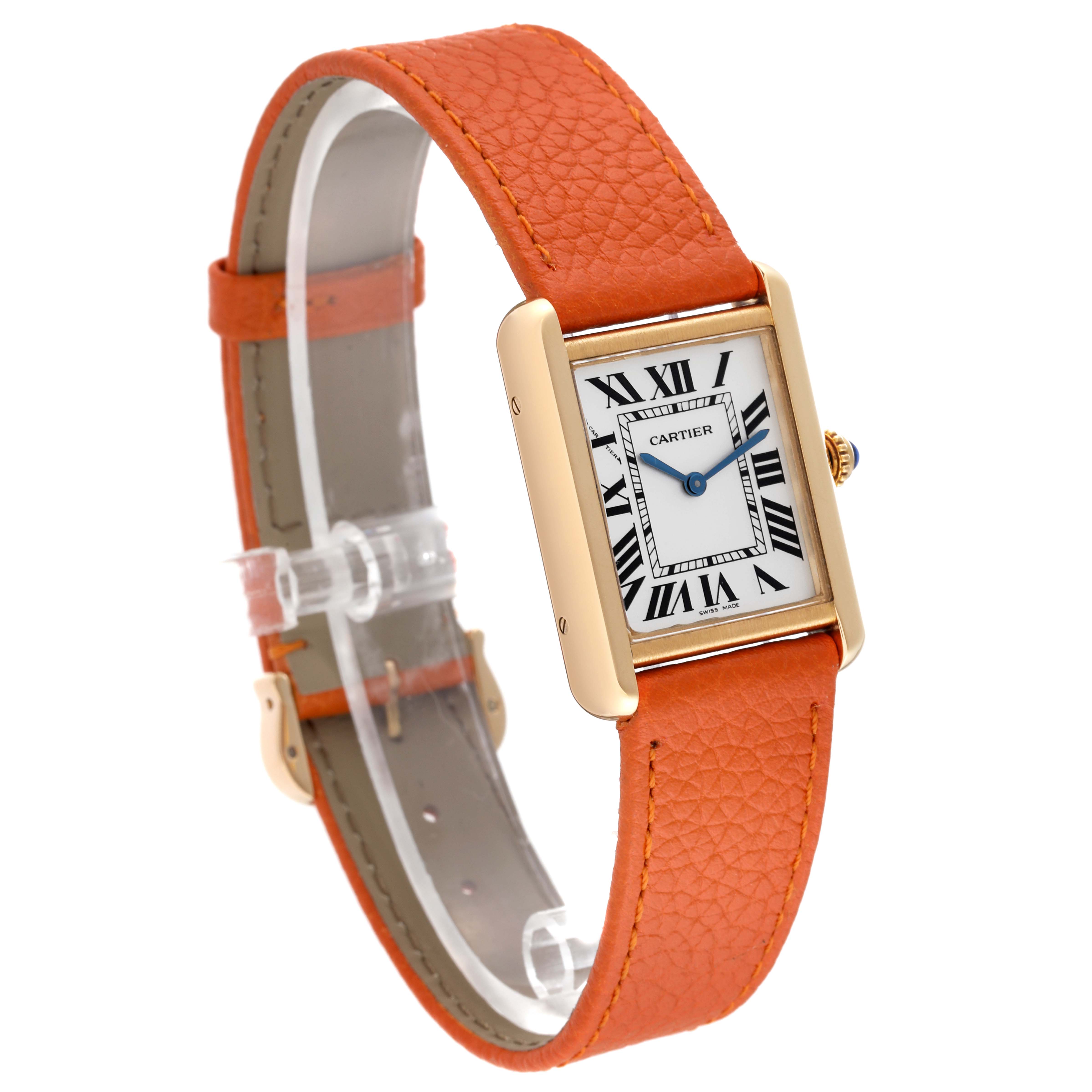 The image depicts a Cartier Tank Solo W5200002 Women
s Steel and Gold (two tone) Silver Dial W5200002 Women
s Steel and Gold (two tone) Silver Dial watch at a slight angle, showcasing its face, Roman numerals, gold case, and orange leather strap.