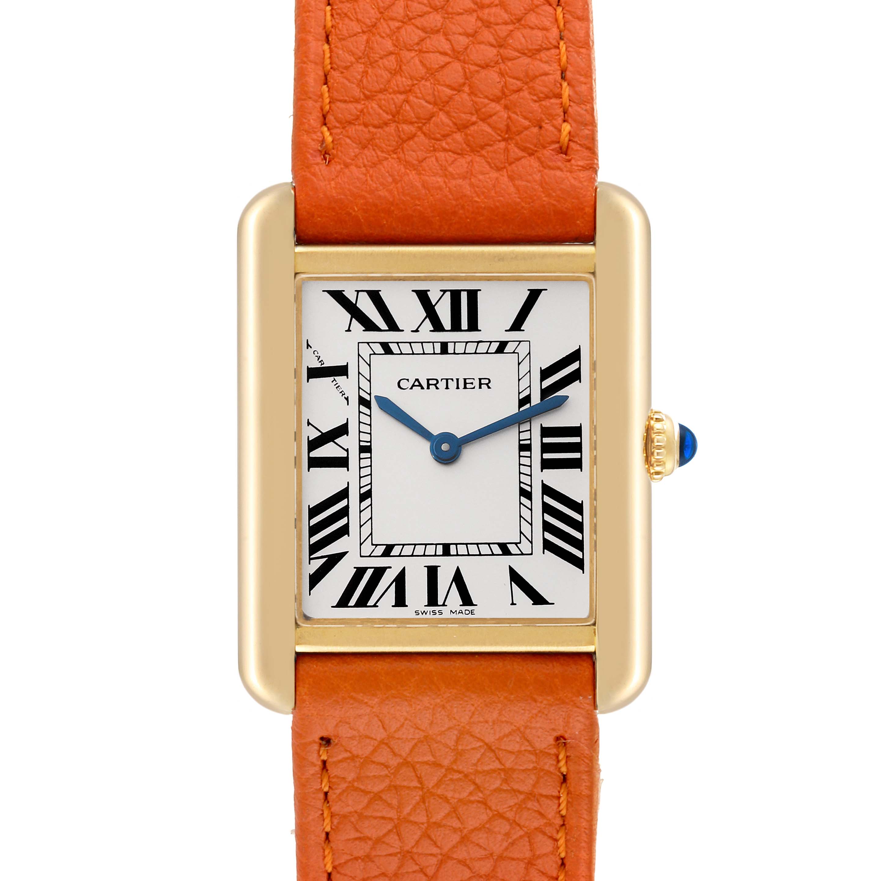 This image shows a Cartier Tank Solo W5200002 Women
s Steel and Gold (two tone) Silver Dial W5200002 Women
s Steel and Gold (two tone) Silver Dial watch from a top-down angle, displaying the face, orange strap, and one side of the case with the crown visible.