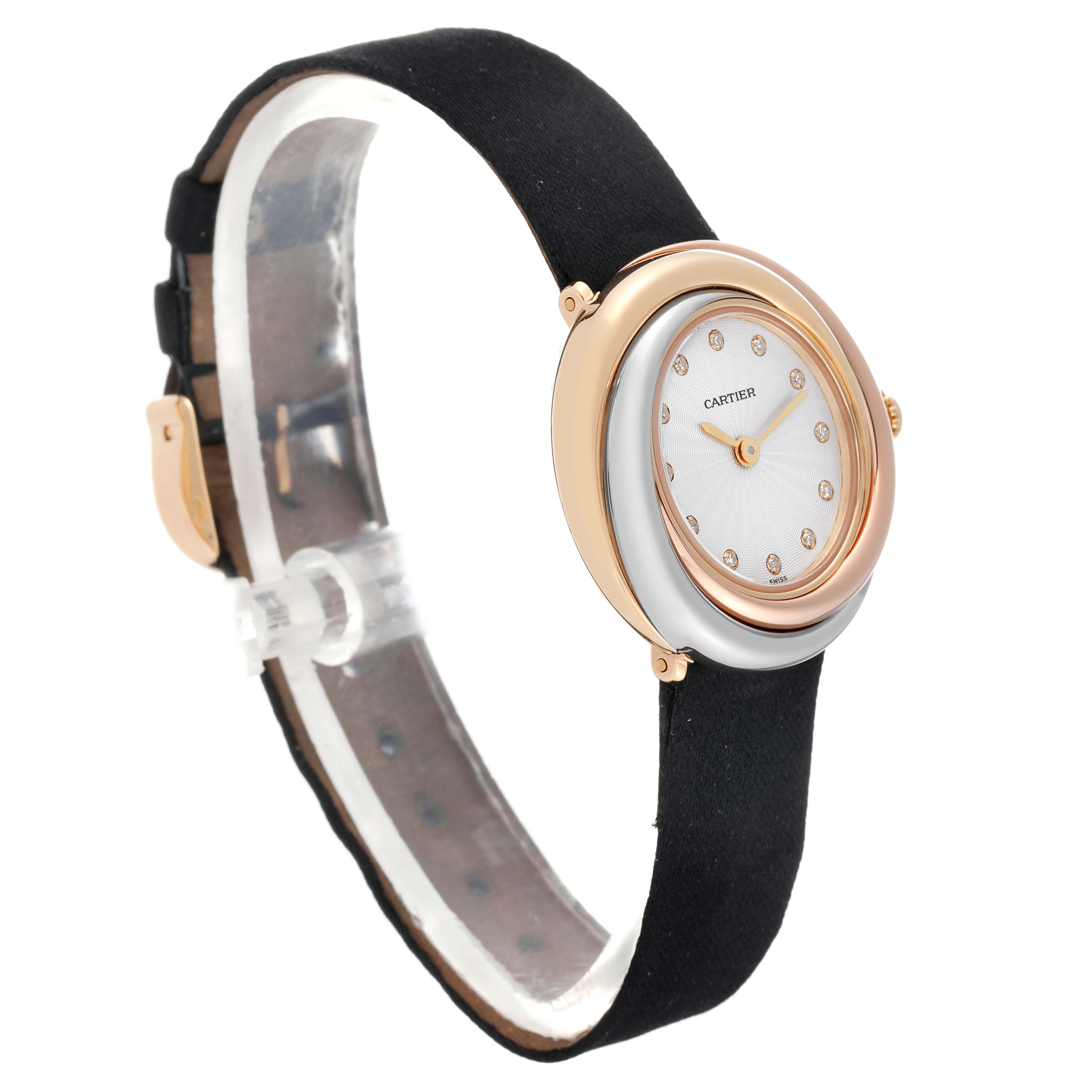 The image shows a side-angle view of the Cartier Trinity W200246 Women's Yellow Gold Silver Dial W200246 Women's Yellow Gold Silver Dial model watch, highlighting its strap and circular face.