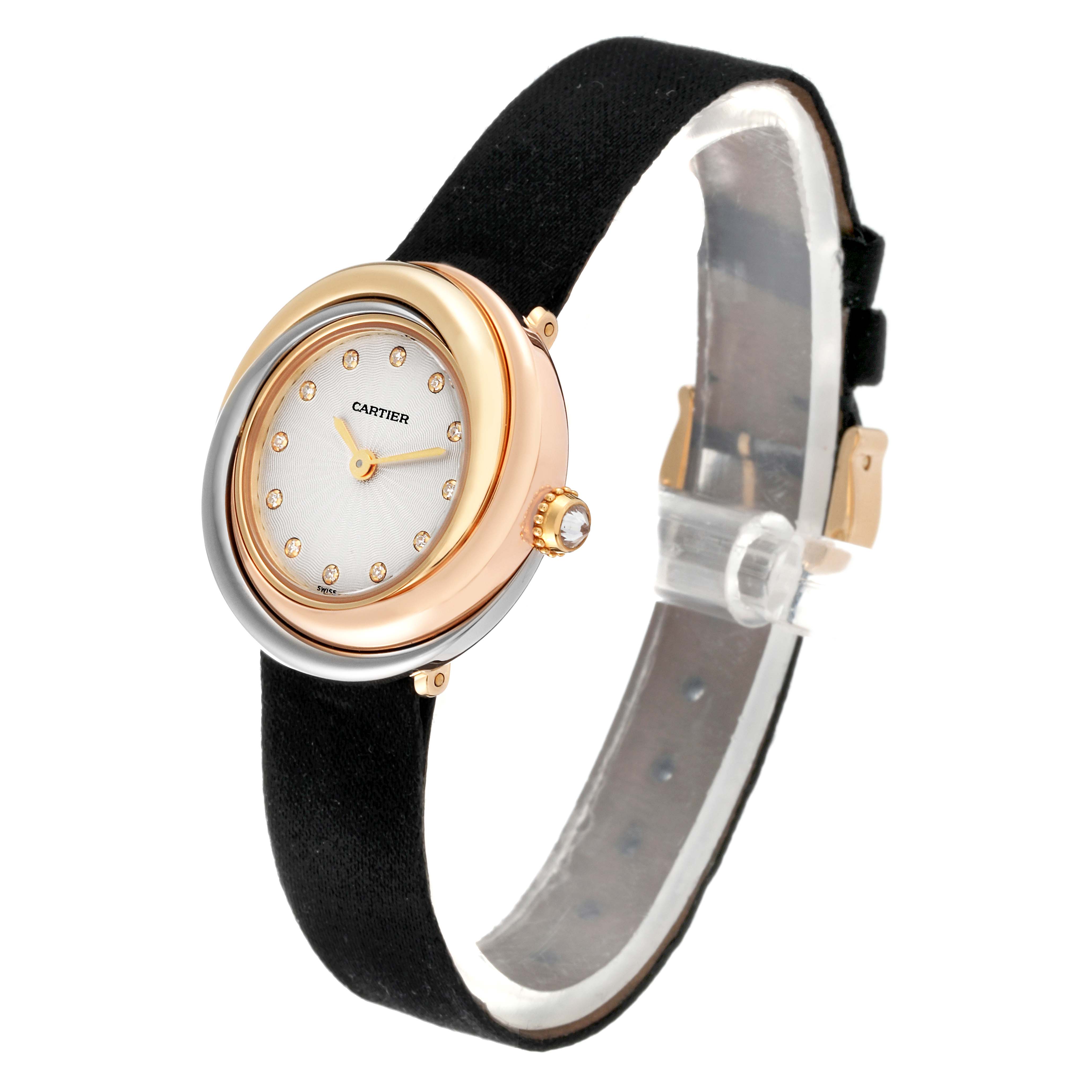 The image shows a Cartier Trinity W200246 Women's Yellow Gold Silver Dial W200246 Women's Yellow Gold Silver Dial model watch from a side angle, highlighting the face, bezel, and strap.