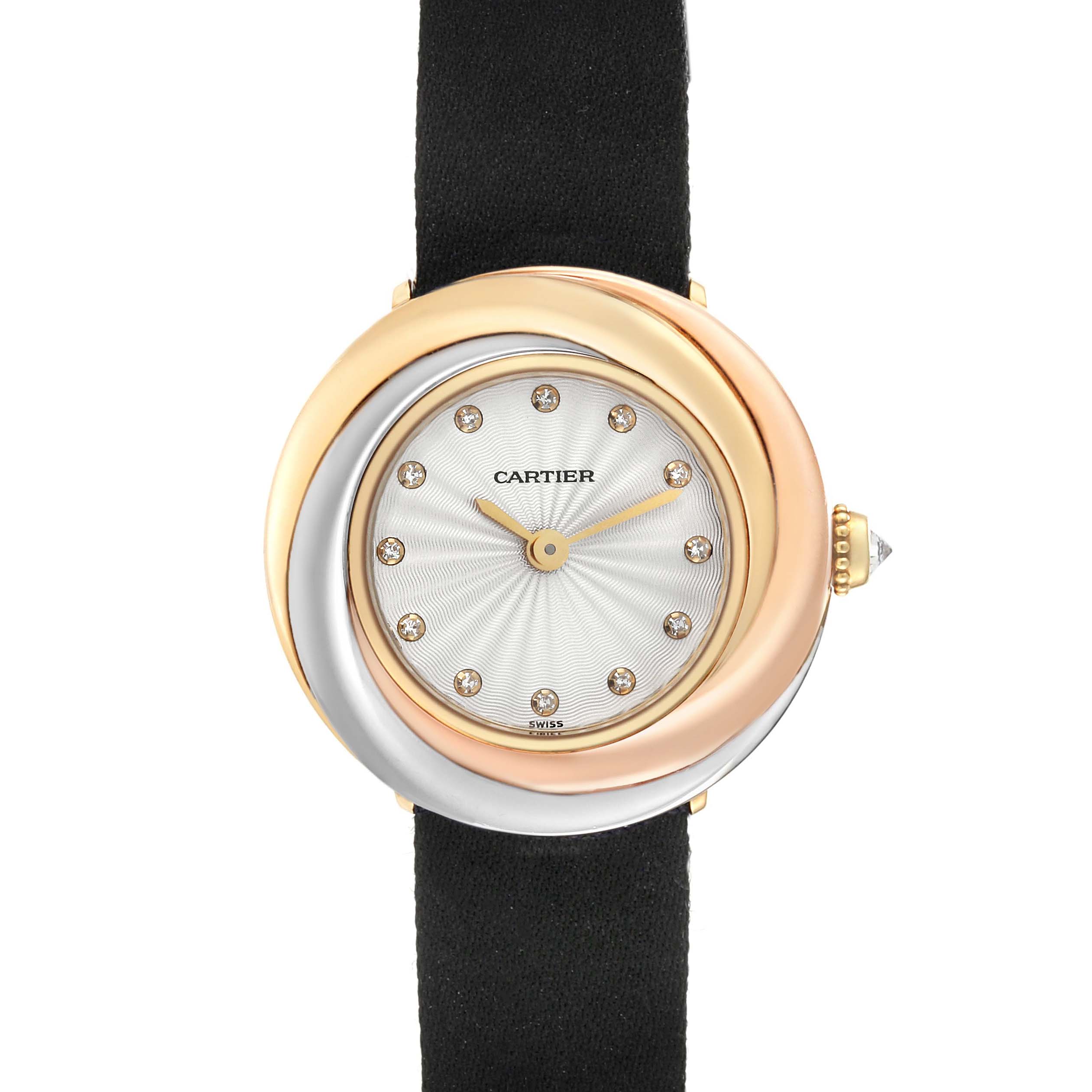 This is a front view of the Trinity model by Cartier, showing the watch face, bezel, and strap.