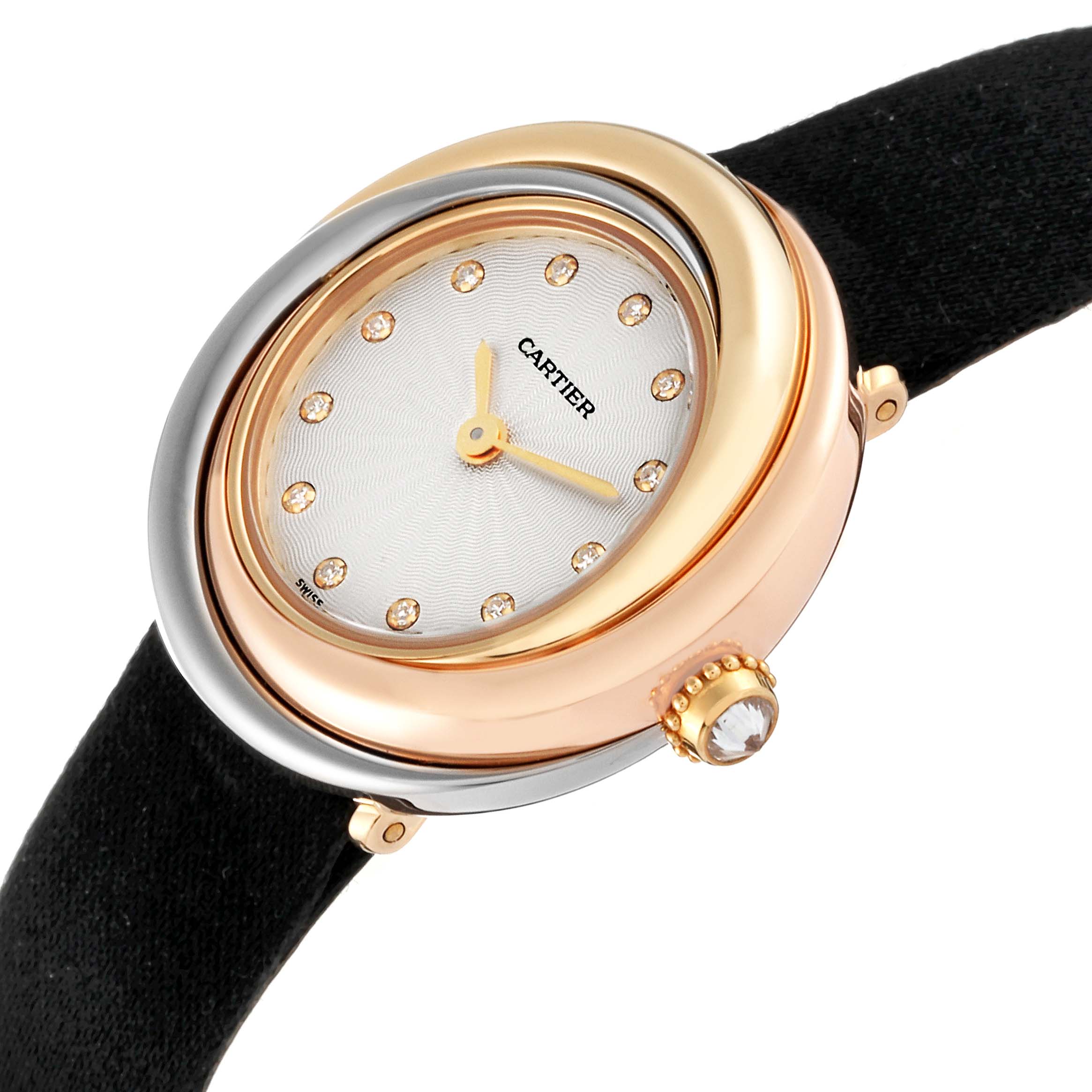 The image shows the face and crown of a Cartier Trinity W200246 Women's Yellow Gold Silver Dial W200246 Women's Yellow Gold Silver Dial model watch at a slightly tilted angle.