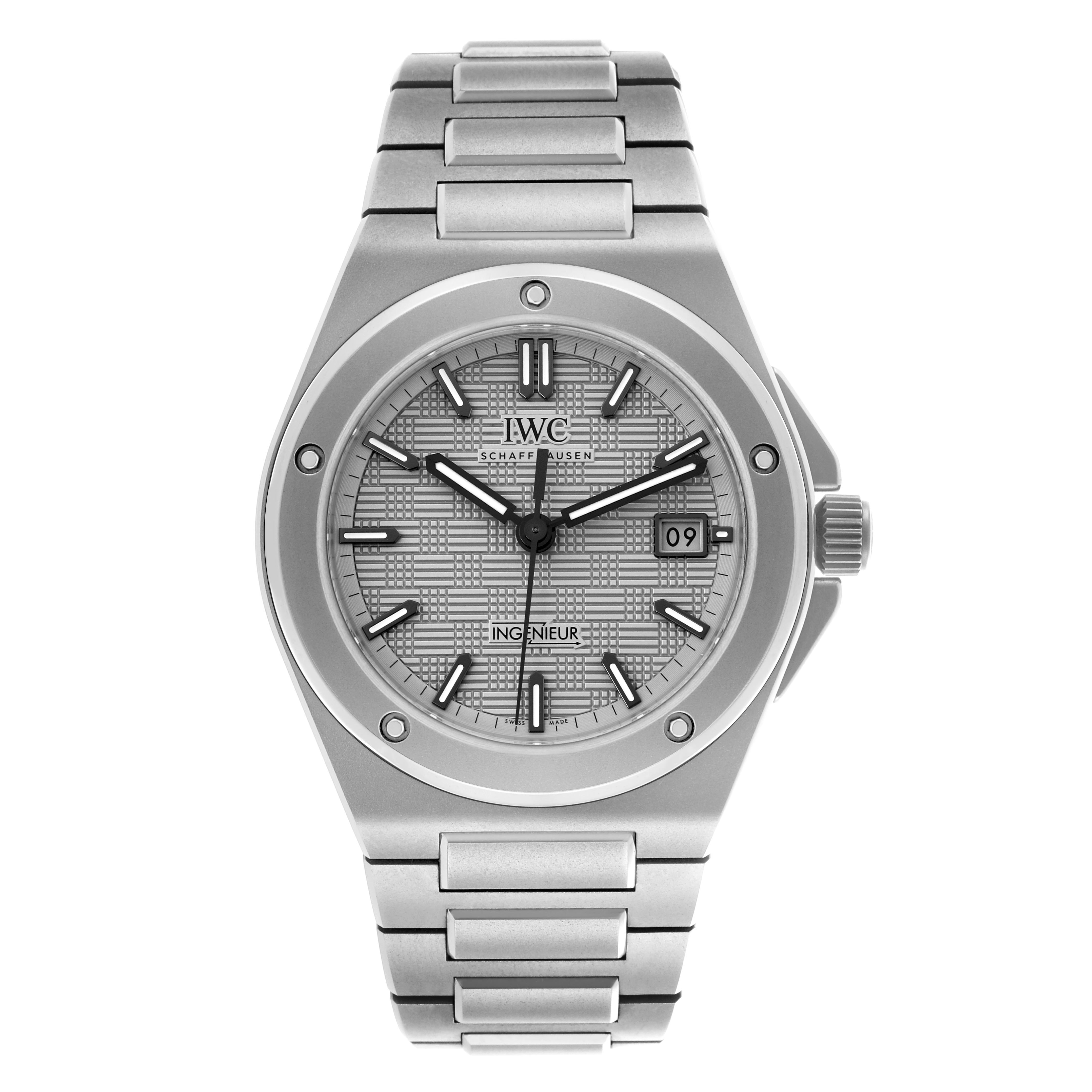 The IWC Ingenieur IW328904 Men's Titanium Grey Dial IW328904 Men's Titanium Grey Dial watch is shown from a front angle, displaying its dial, bezel, and a portion of the bracelet.