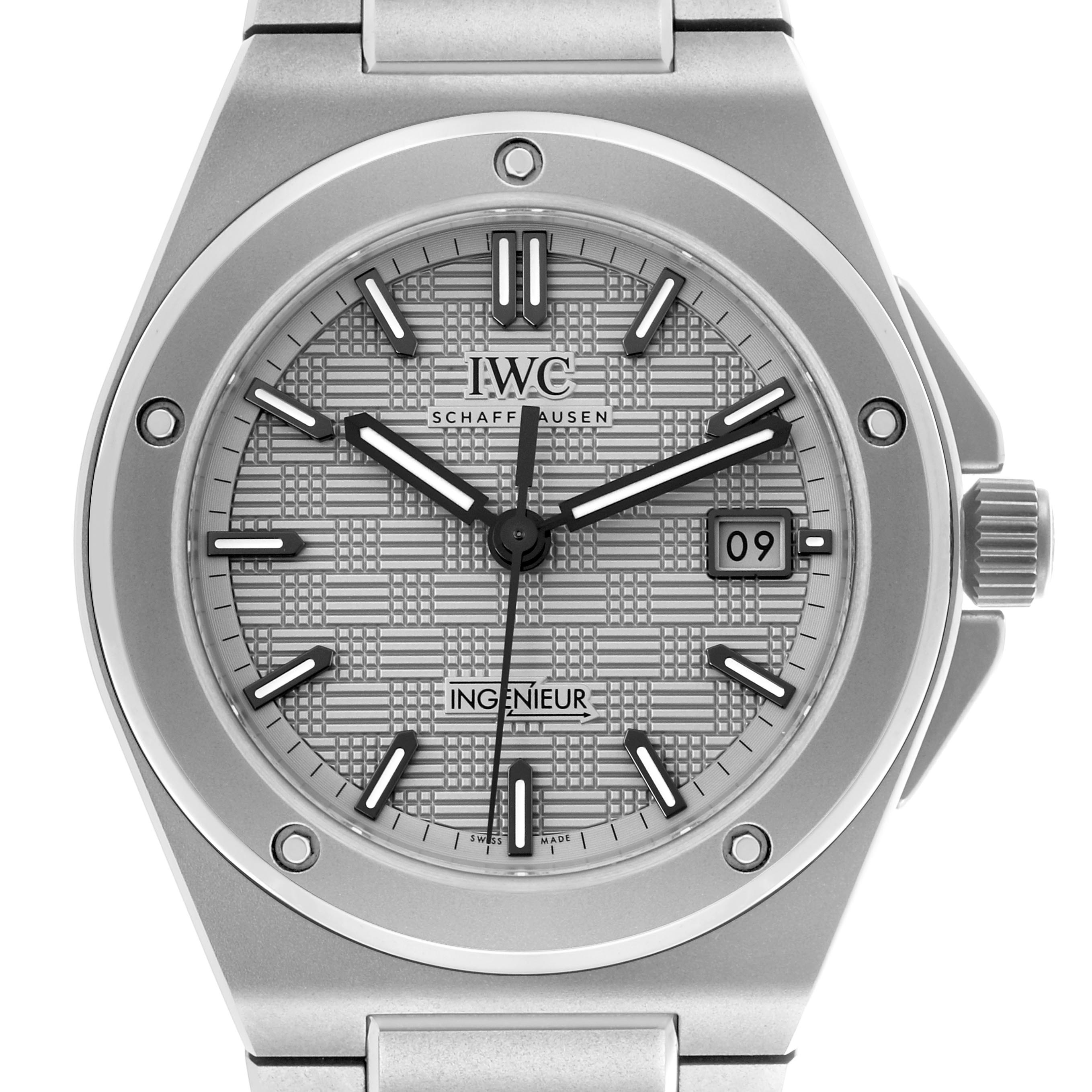 The image shows a frontal view of the IWC Ingenieur IW328904 Men's Titanium Grey Dial IW328904 Men's Titanium Grey Dial watch, highlighting the dial, bezel, hands, and bracelet.