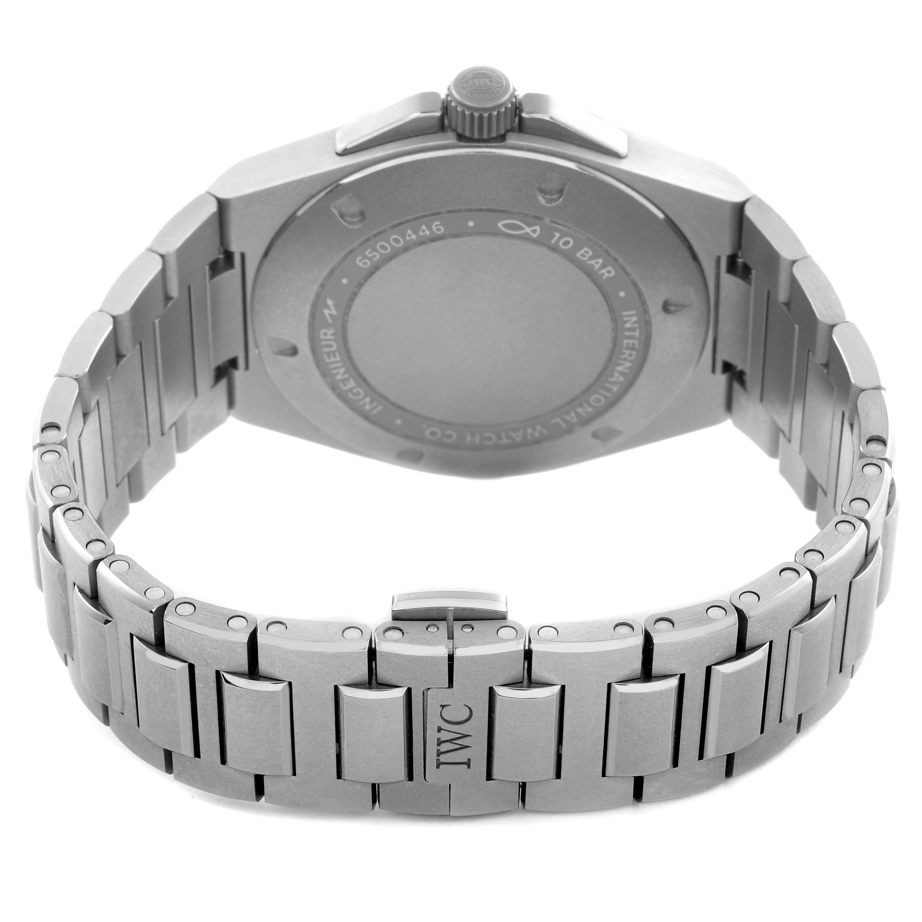 The image shows the back and bracelet of the IWC Ingenieur IW328904 Men's Titanium Grey Dial IW328904 Men's Titanium Grey Dial watch from the underside angle.