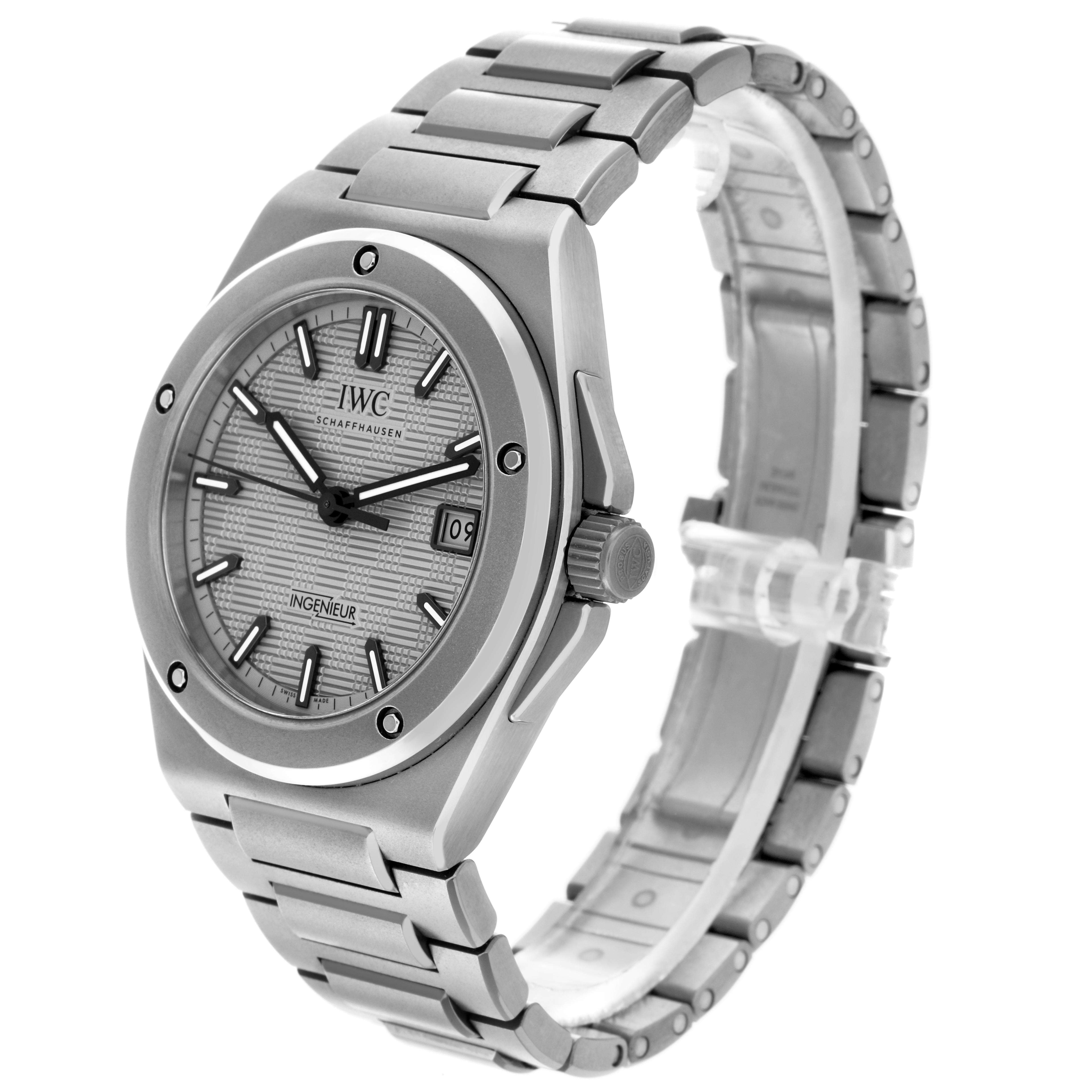 The IWC Ingenieur IW328904 Men's Titanium Grey Dial IW328904 Men's Titanium Grey Dial watch is shown at a three-quarter angle, highlighting the face, bezel, crown, and bracelet.