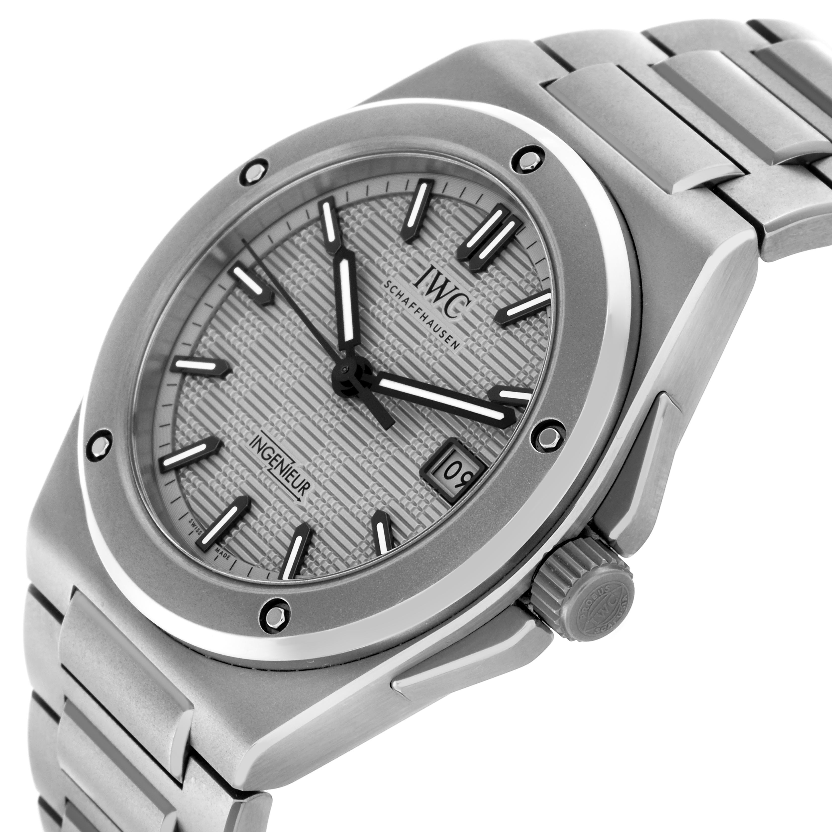 The IWC Ingenieur IW328904 Men's Titanium Grey Dial IW328904 Men's Titanium Grey Dial watch is shown at an angled side view, displaying the dial, crown, bezel, and part of the bracelet.