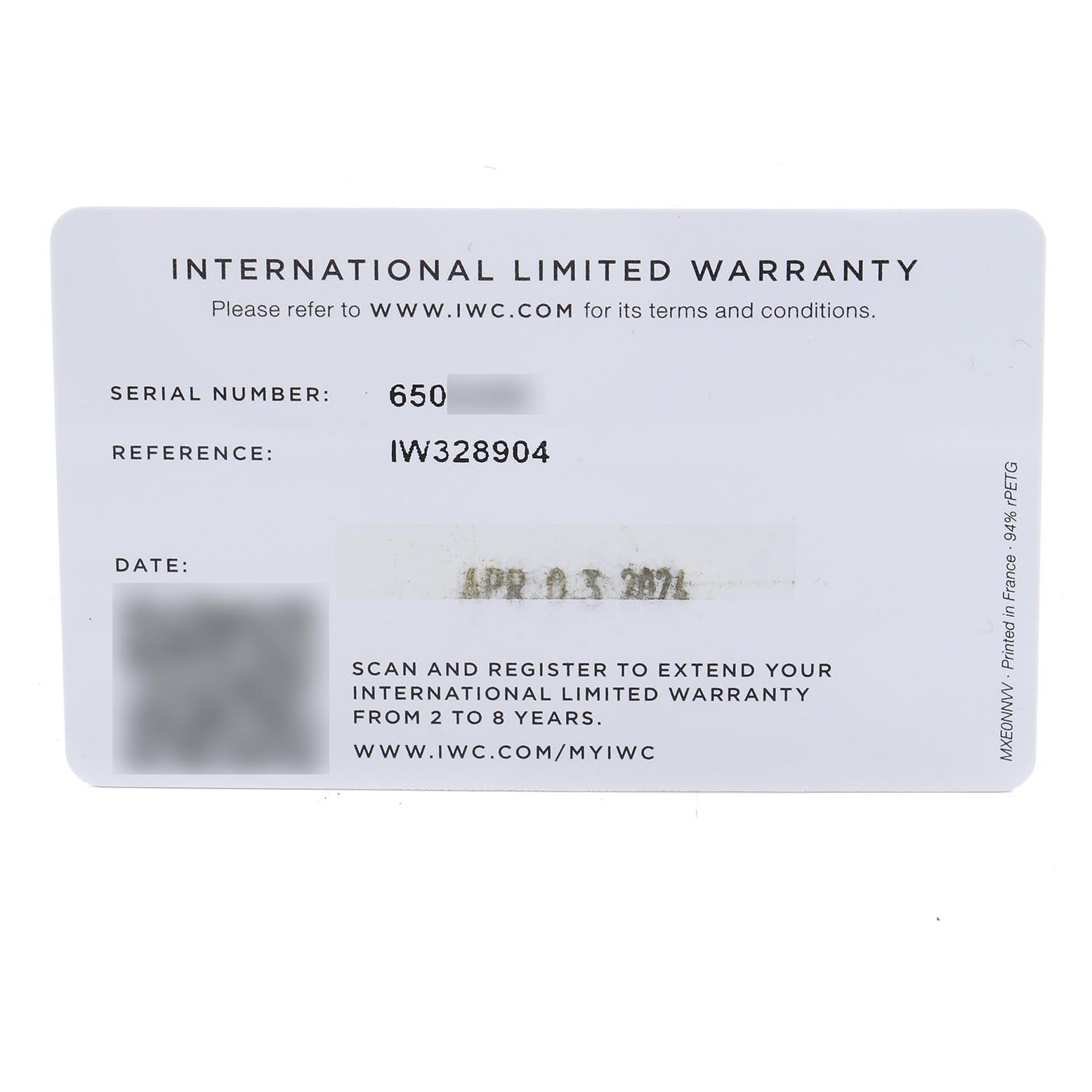 The image shows an IWC Ingenieur IW328904 Men's Titanium Grey Dial IW328904 Men's Titanium Grey Dial model warranty card with a serial number, reference, and date visible.