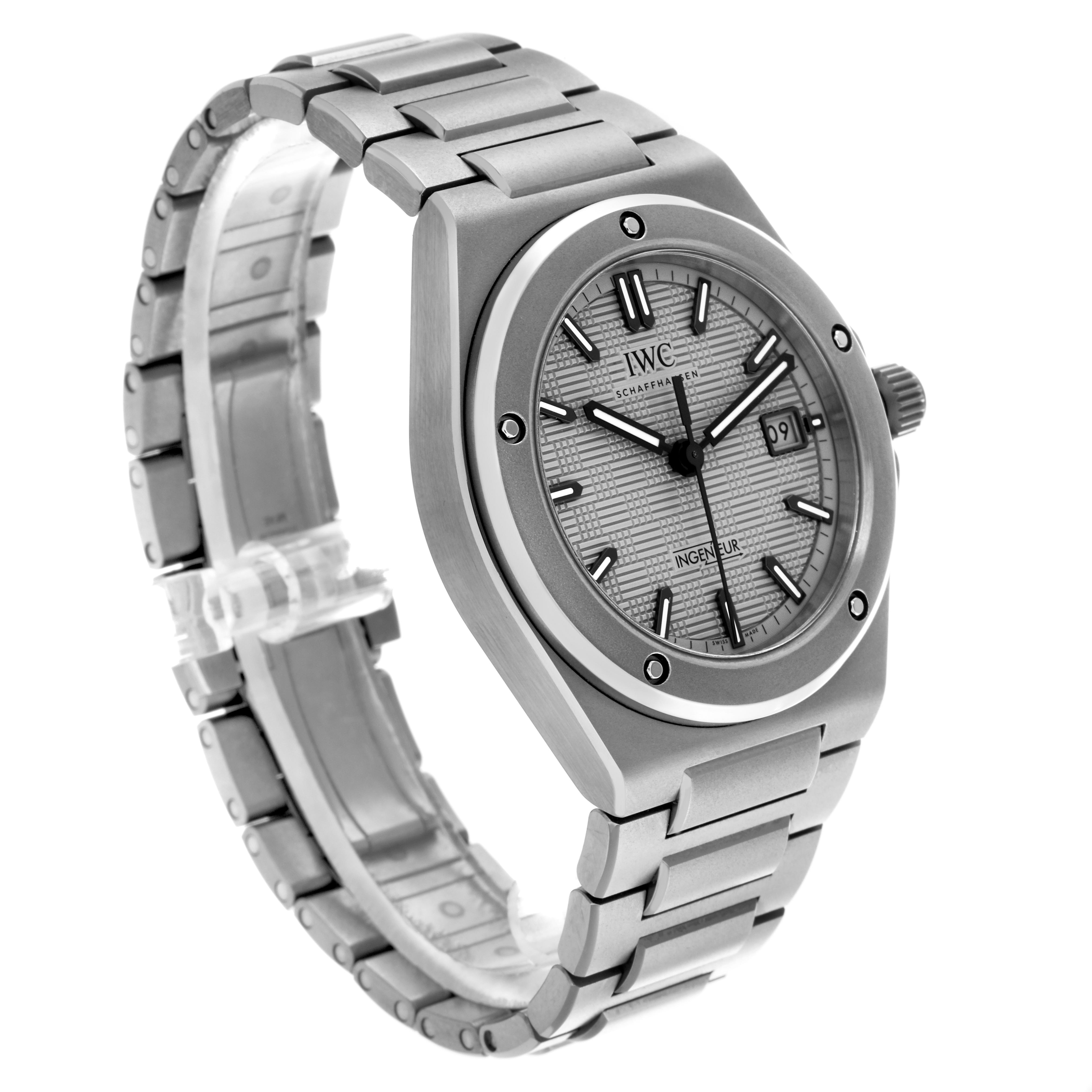 The IWC Ingenieur IW328904 Men's Titanium Grey Dial IW328904 Men's Titanium Grey Dial watch is shown at a three-quarter angle, highlighting the dial, bracelet, and crown.