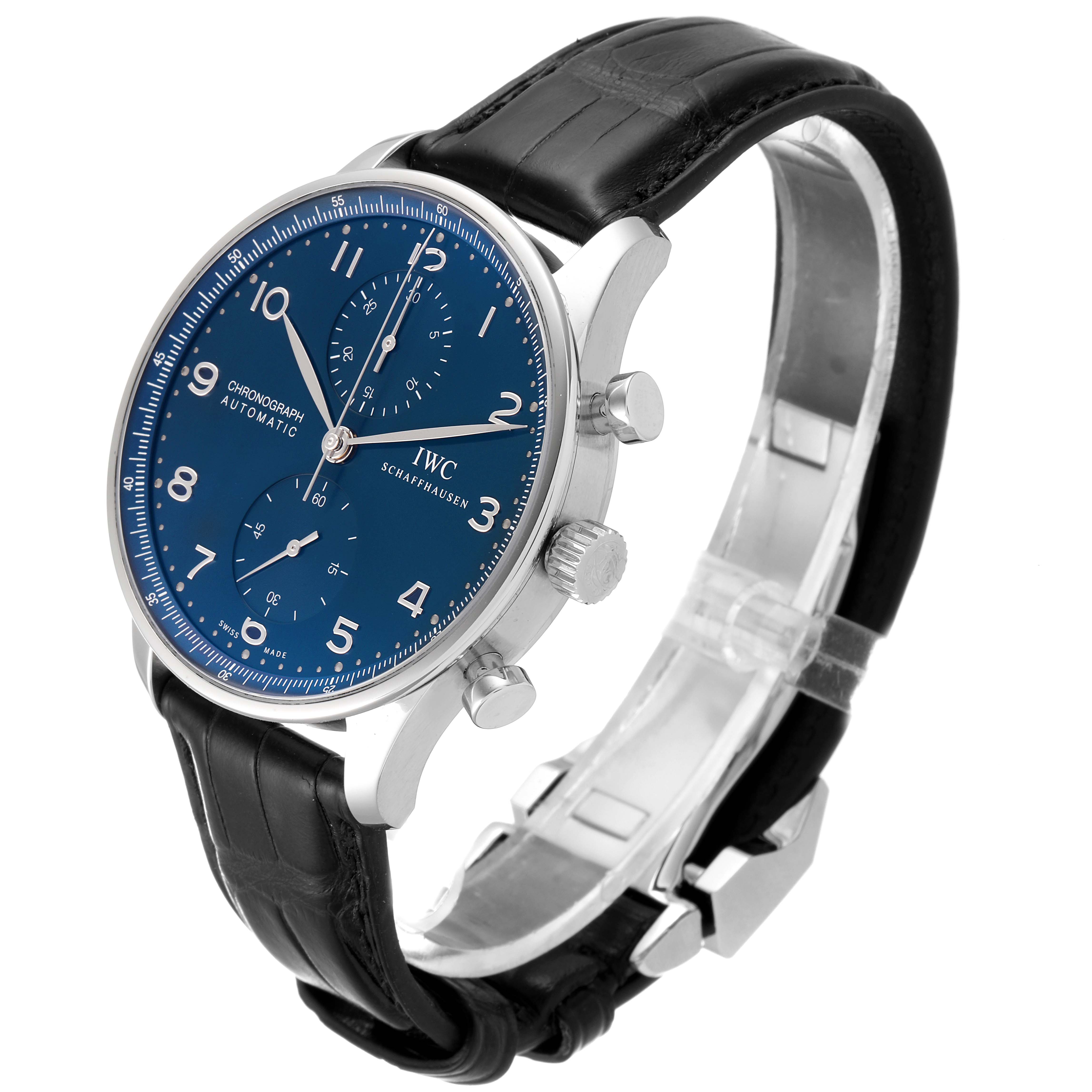The image shows a side angle of the IWC Portuguese IW371491 Men's Stainless Steel Blue Dial IW371491 Men's Stainless Steel Blue Dial Chronograph Automatic watch with a blue dial and black leather strap.