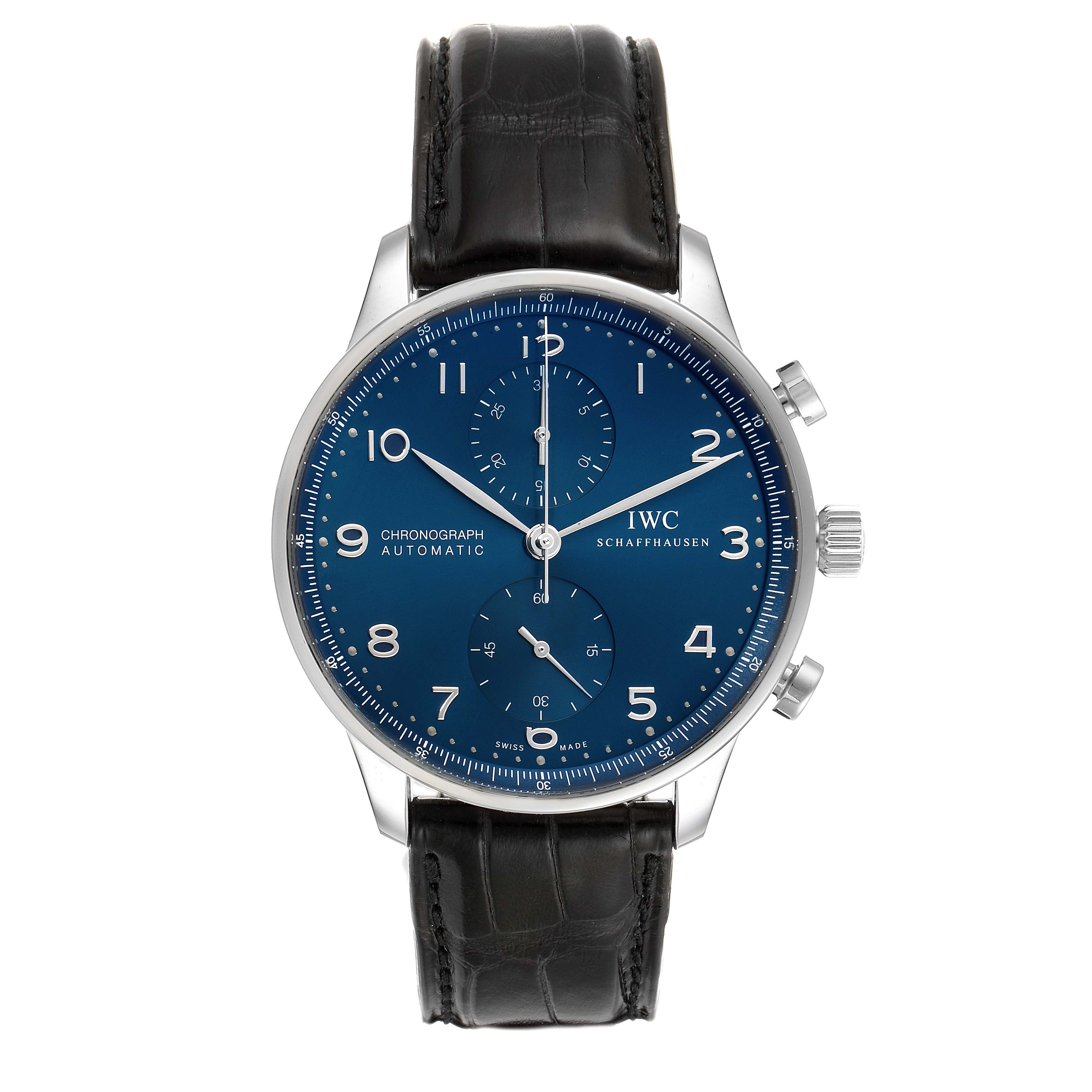 The image shows a front view of an IWC Portuguese IW371491 Men's Stainless Steel Blue Dial IW371491 Men's Stainless Steel Blue Dial Chronograph watch with a blue dial and black leather strap.