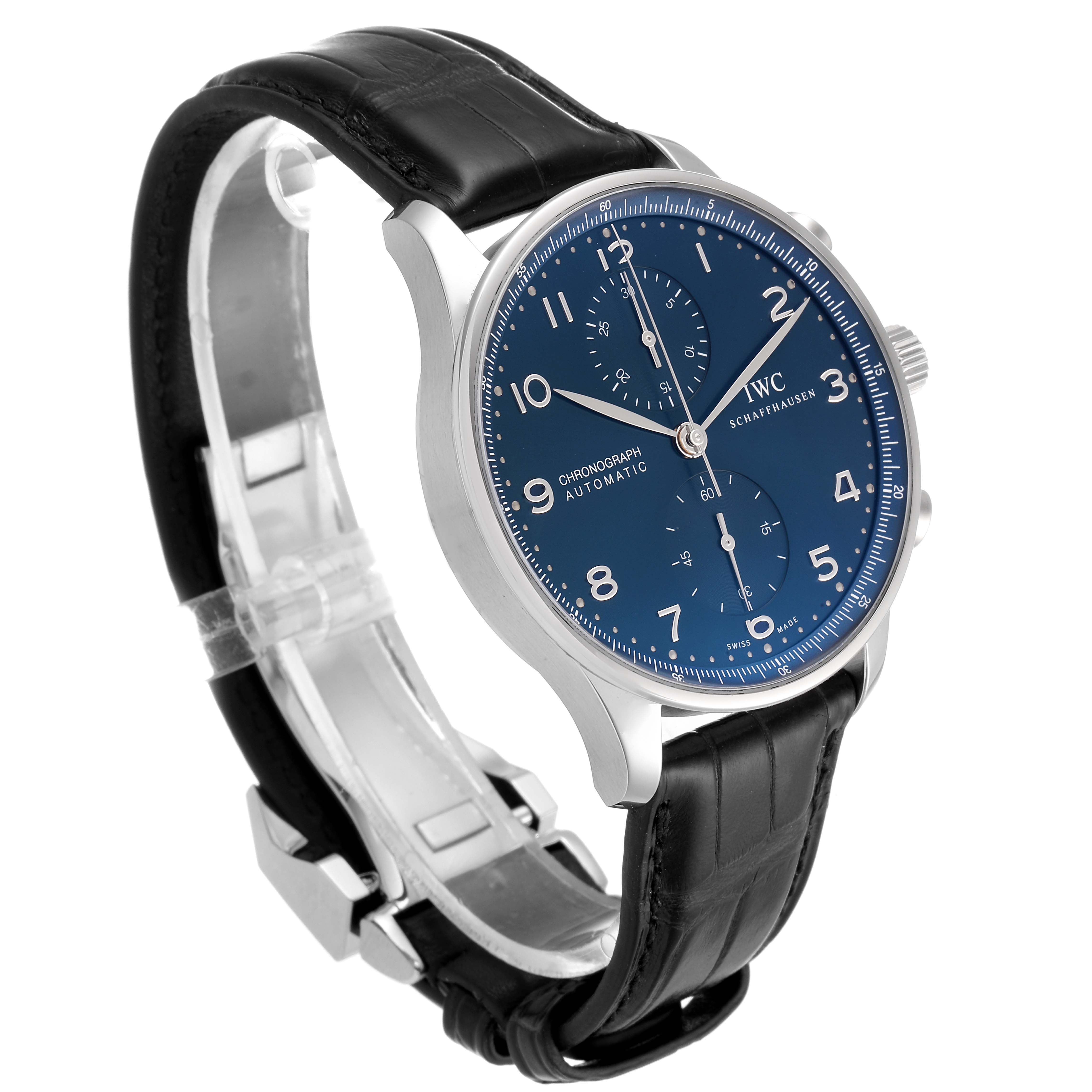 This image shows the IWC Portuguese IW371491 Men's Stainless Steel Blue Dial IW371491 Men's Stainless Steel Blue Dial model watch from an angled side view, highlighting the blue dial and black leather strap.
