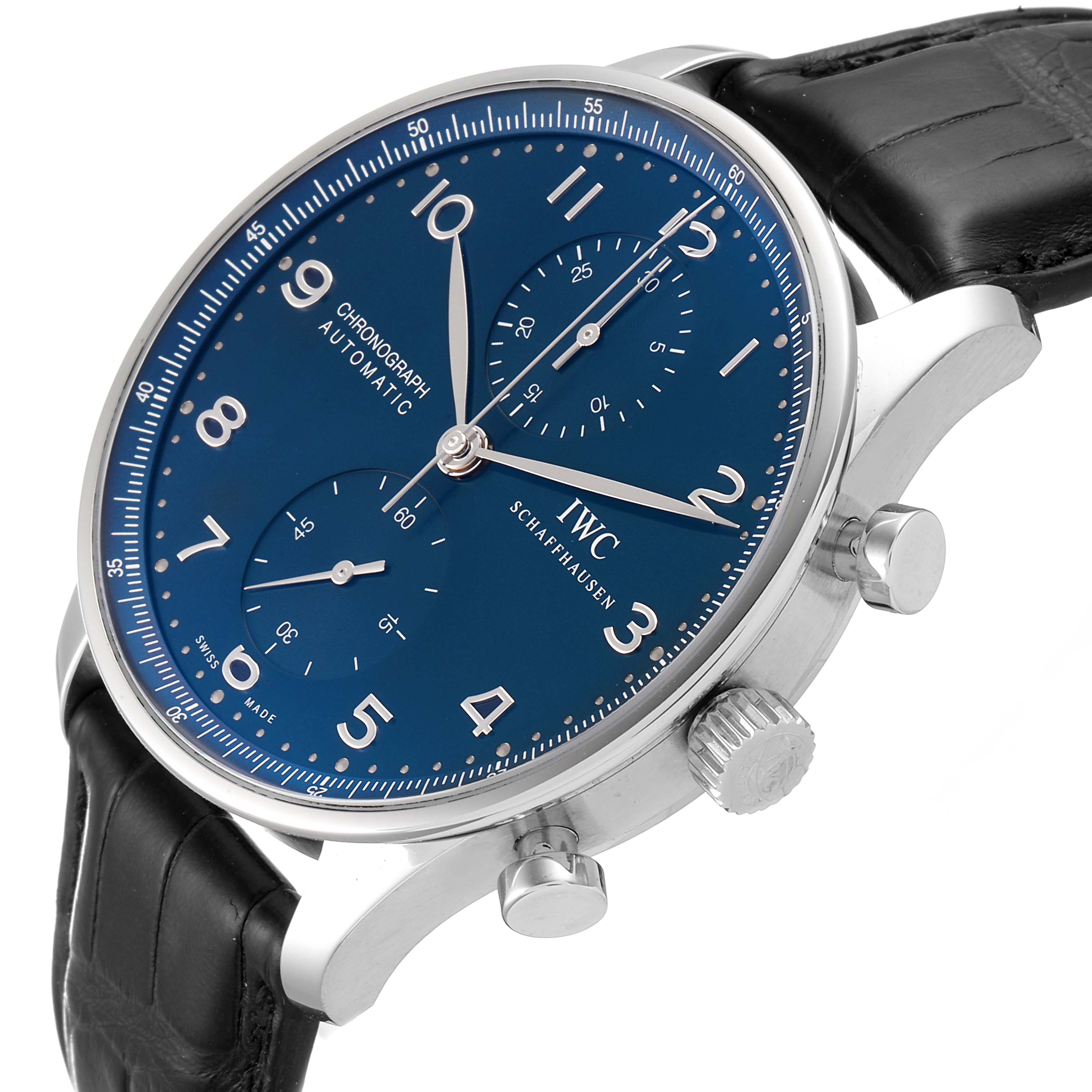 The image shows an IWC Portuguese IW371491 Men's Stainless Steel Blue Dial IW371491 Men's Stainless Steel Blue Dial Chronograph watch at a slight angle, highlighting its blue dial, subdials, crown, and black leather strap.