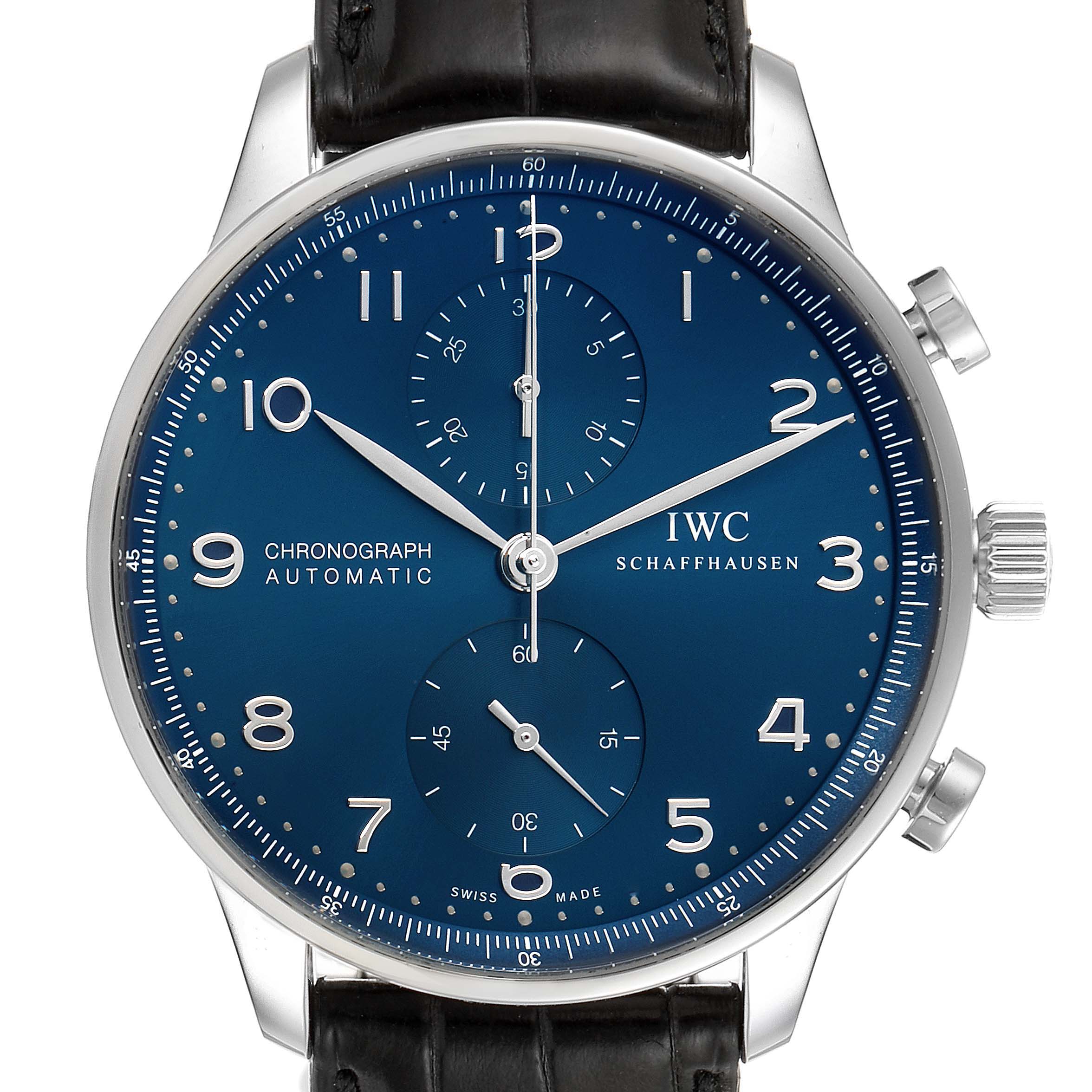 This image shows a frontal view of the IWC Portuguese IW371491 Men's Stainless Steel Blue Dial IW371491 Men's Stainless Steel Blue Dial model chronograph watch with a blue dial and black leather strap.