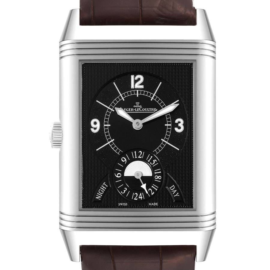 The image shows a front view of the Jaeger LeCoultre Reverso watch, highlighting the dial, case, and crown.