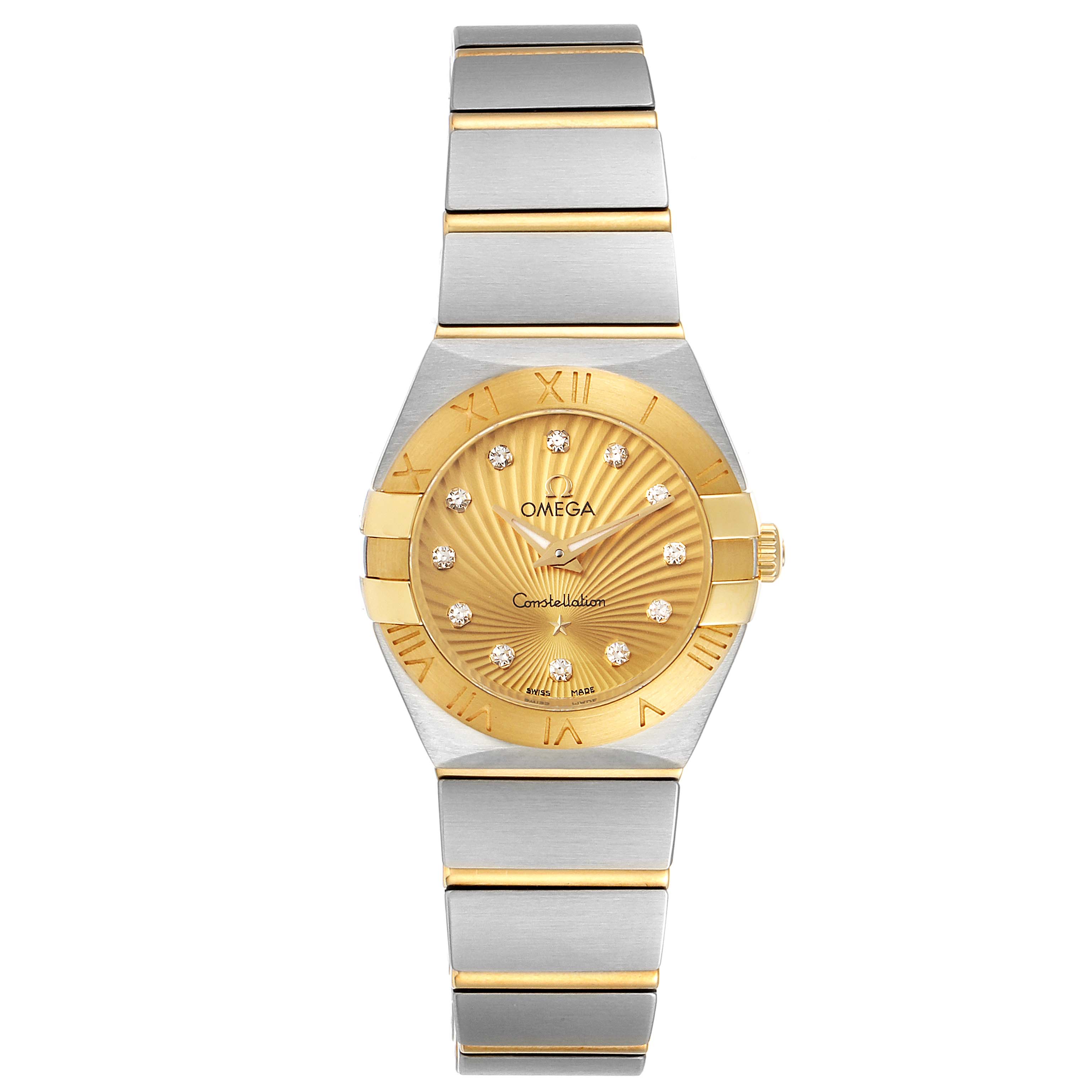 The image shows a front view of the Omega 123.20.24.60.58.001 Women's Steel and Gold (two tone) Champagne Dial 123.20.24.60.58.001 Women's Steel and Gold (two tone) Champagne Dial Constellation Steel Yellow Gold Diamond Watch model 123.20.24.60.58.001.