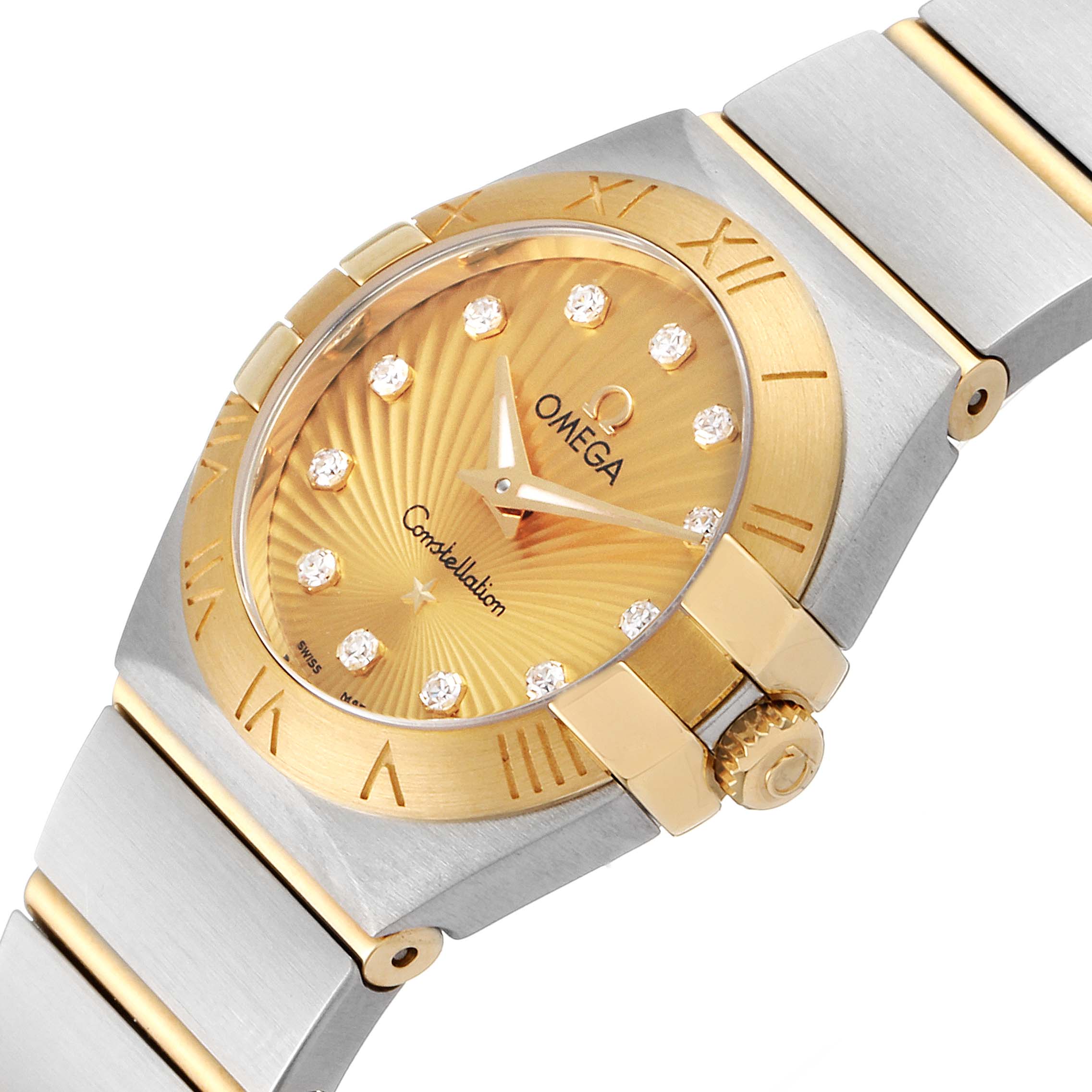 The image showcases the front view of the Omega 123.20.24.60.58.001 Women's Steel and Gold (two tone) Champagne Dial 123.20.24.60.58.001 Women's Steel and Gold (two tone) Champagne Dial Constellation Steel Yellow Gold Diamond Watch 123.20.24.60.58.001, highlighting the dial, bezel, and part of the bracelet.