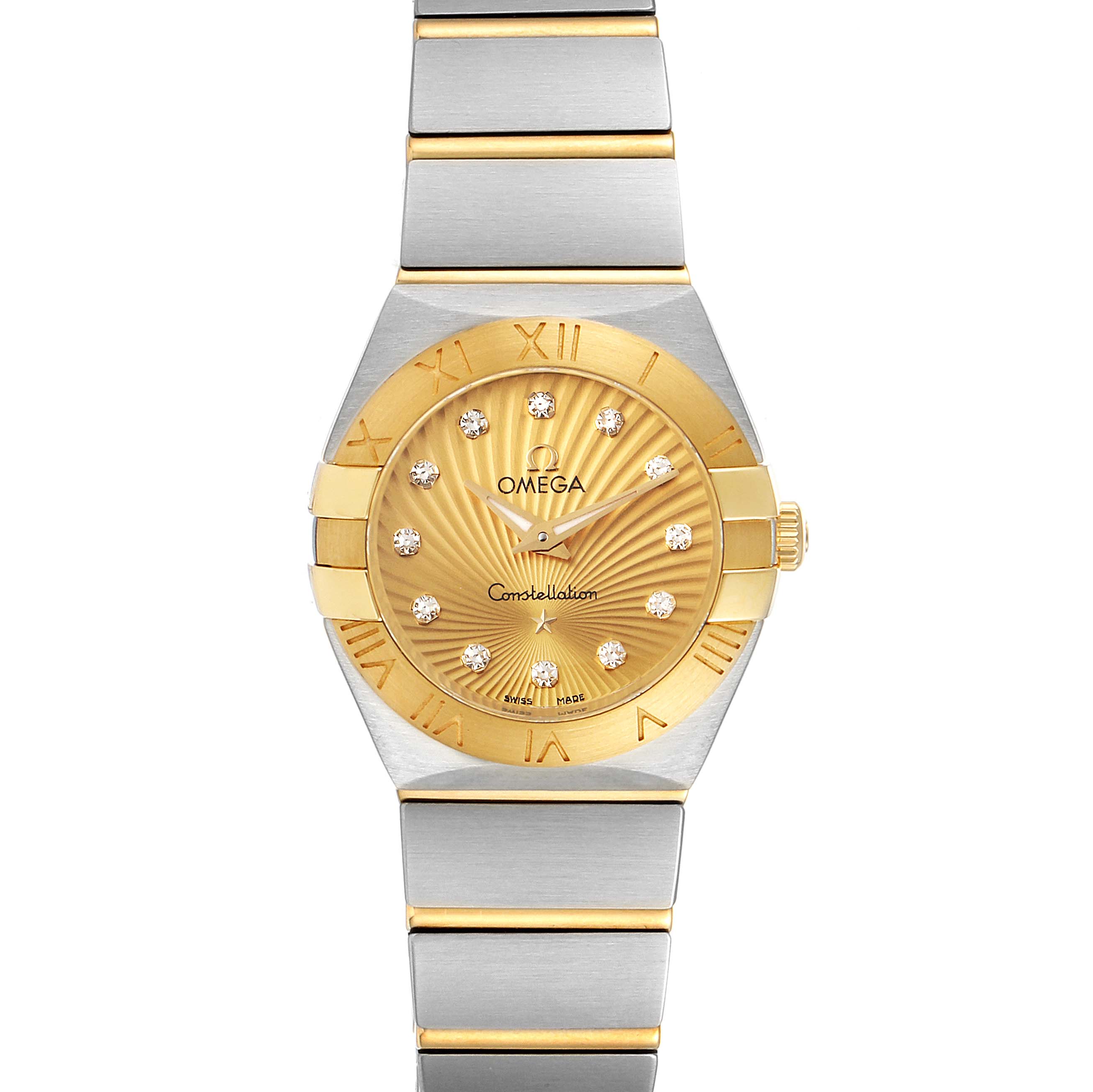 The image shows a front view of the Omega 123.20.24.60.58.001 Women's Steel and Gold (two tone) Champagne Dial 123.20.24.60.58.001 Women's Steel and Gold (two tone) Champagne Dial Constellation Steel Yellow Gold Diamond Watch 123.20.24.60.58.001 unworn model.