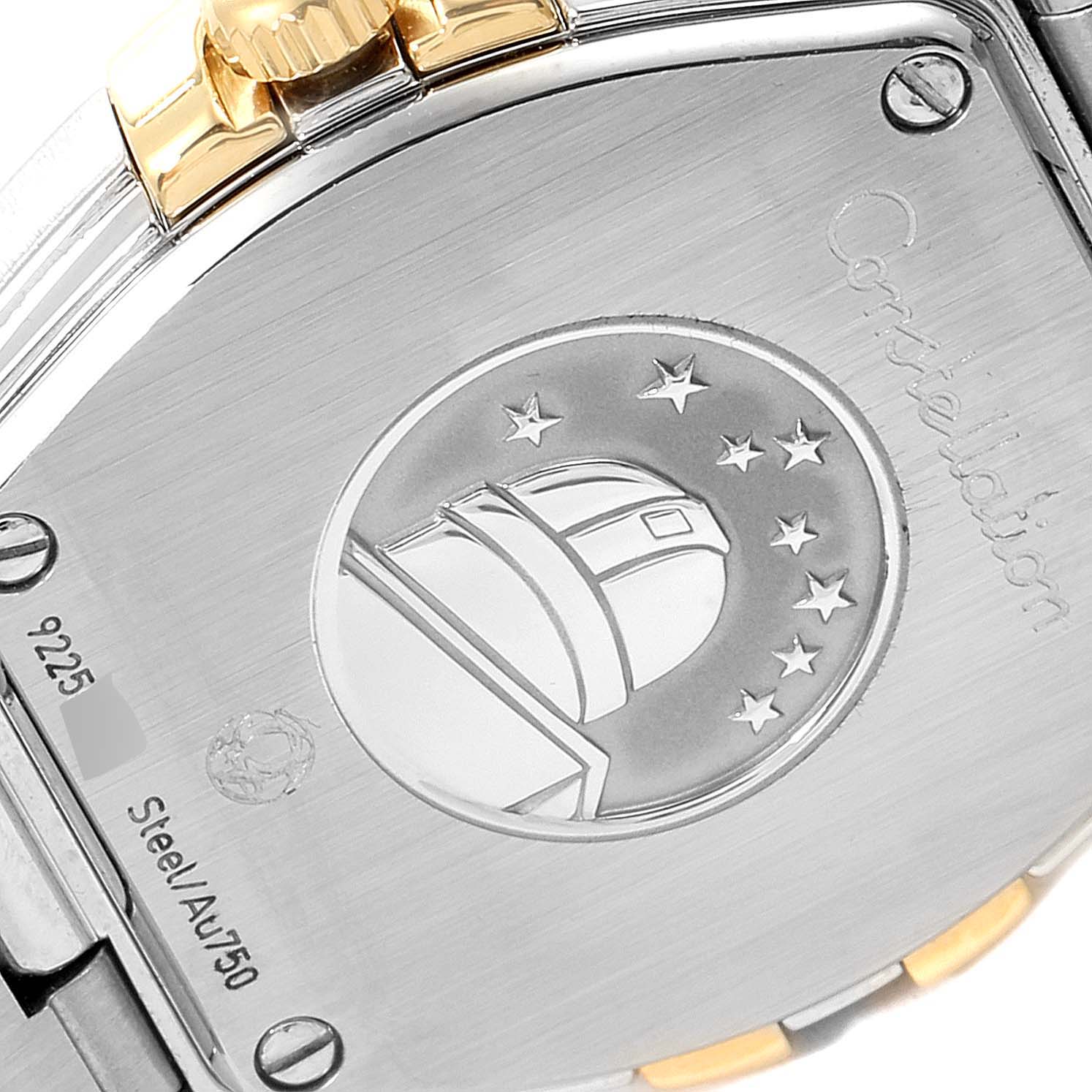 This image shows the back of the Omega 123.20.24.60.58.001 Women's Steel and Gold (two tone) Champagne Dial 123.20.24.60.58.001 Women's Steel and Gold (two tone) Champagne Dial Constellation Steel Yellow Gold Diamond Watch 123.20.24.60.58.001 with logo and inscription.
