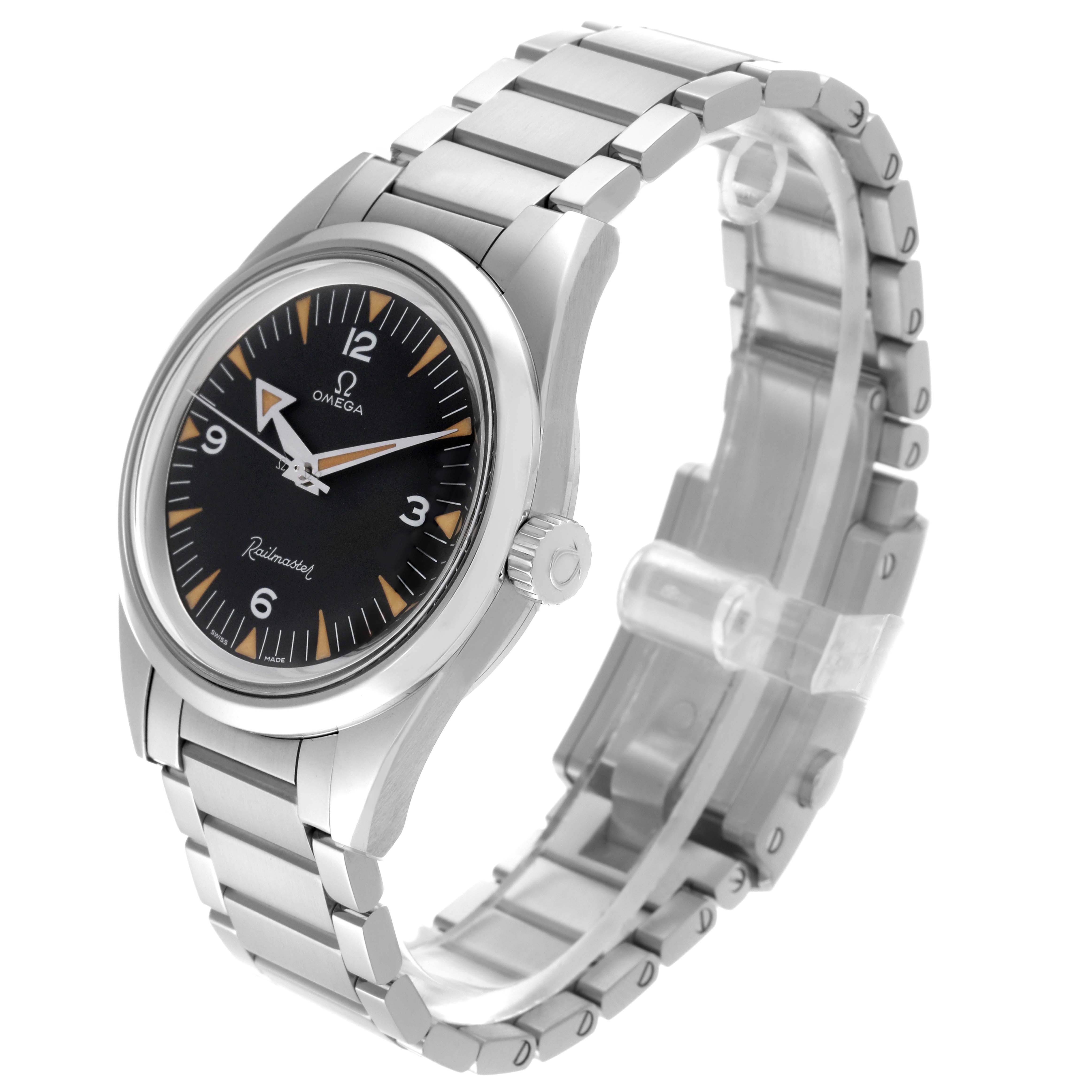 The Omega Seamaster 220.10.38.20.01.002 Men's Stainless Steel Black Dial 220.10.38.20.01.002 Men's Stainless Steel Black Dial watch is shown at a slight angle, highlighting the dial, bezel, crown, and bracelet.