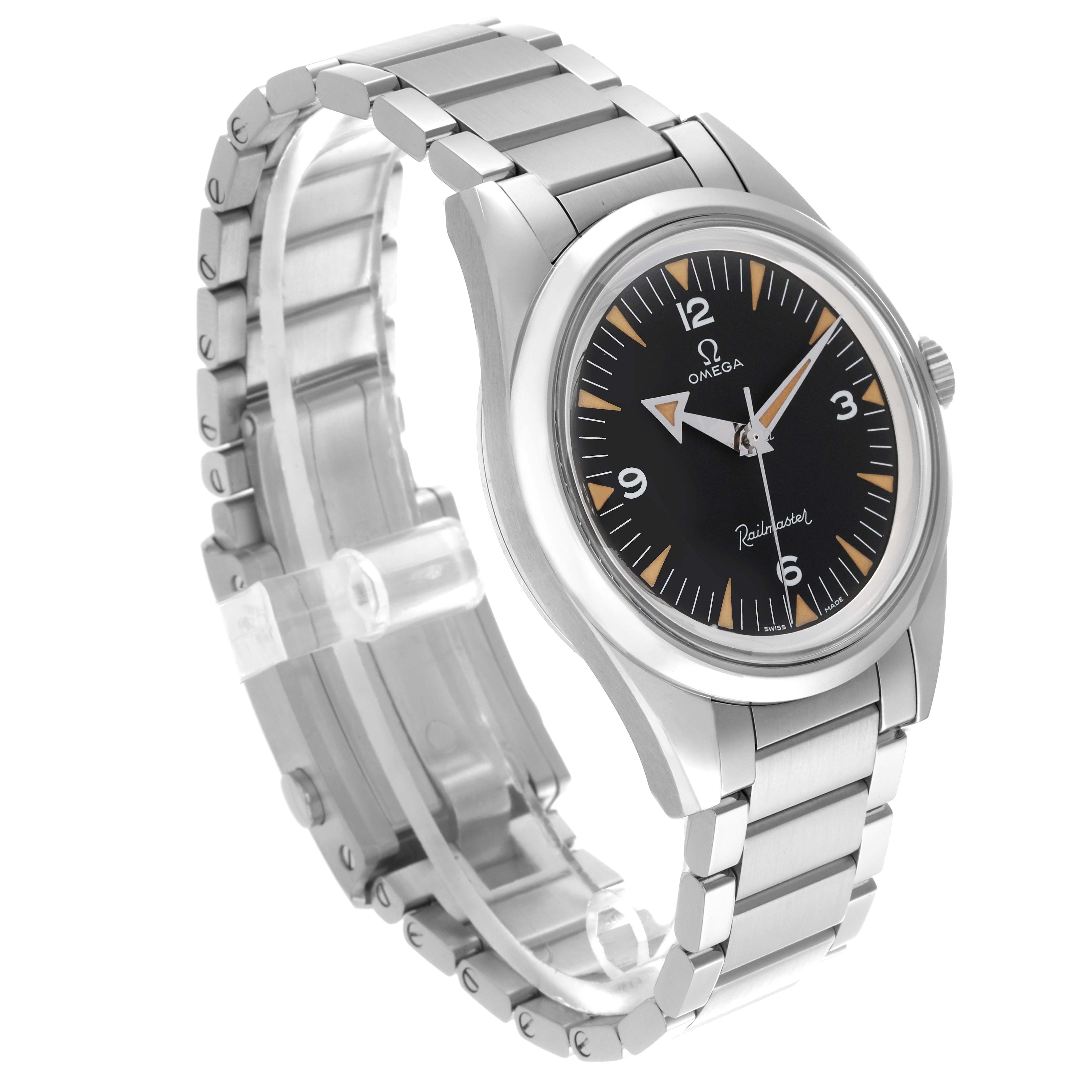 The Omega Seamaster 220.10.38.20.01.002 Men's Stainless Steel Black Dial 220.10.38.20.01.002 Men's Stainless Steel Black Dial watch is shown at a three-quarter angle, highlighting the face, bezel, crown, and metal bracelet.