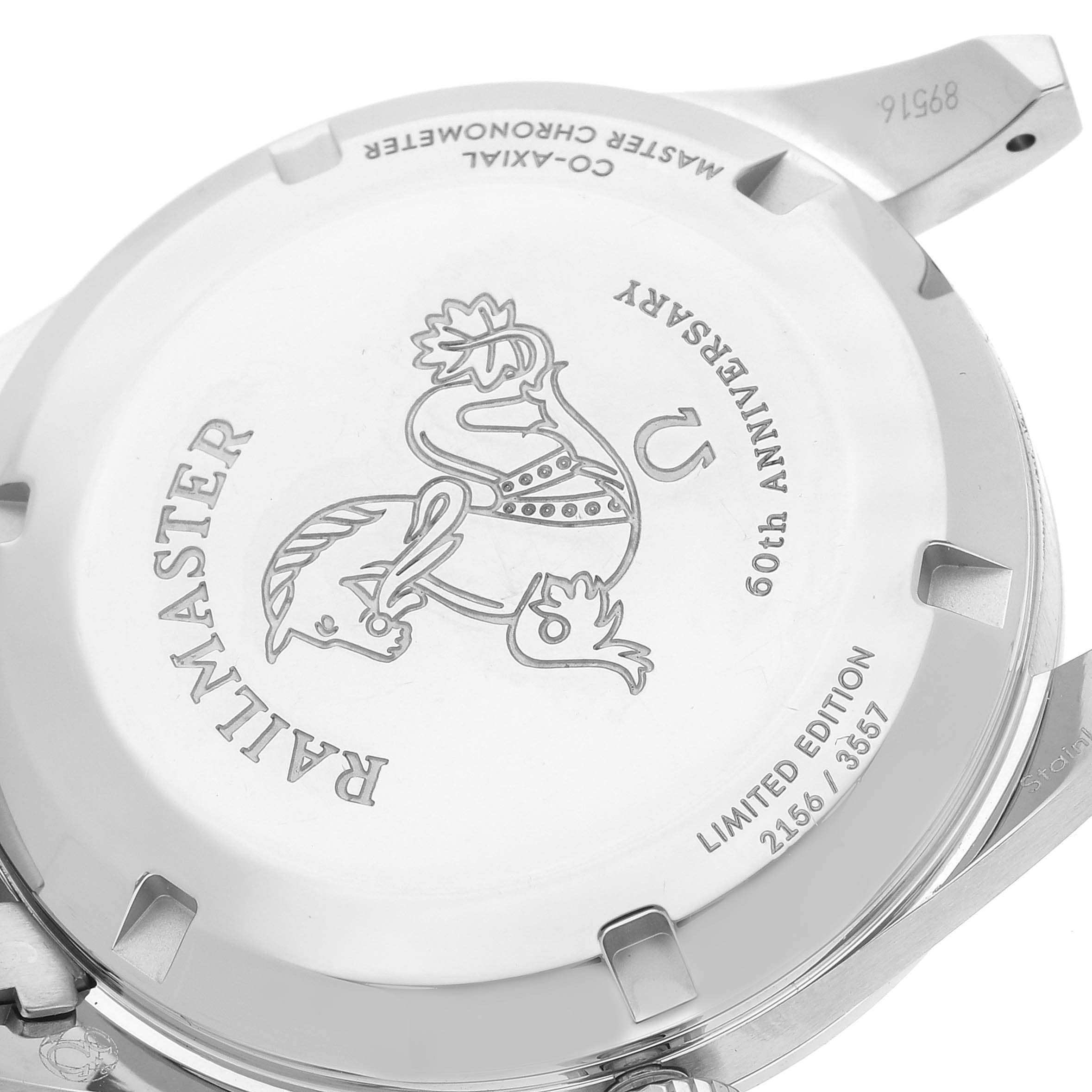 The image shows the case back of an Omega Seamaster 220.10.38.20.01.002 Men's Stainless Steel Black Dial 220.10.38.20.01.002 Men's Stainless Steel Black Dial, featuring engravings and markings for the 60th Anniversary edition.