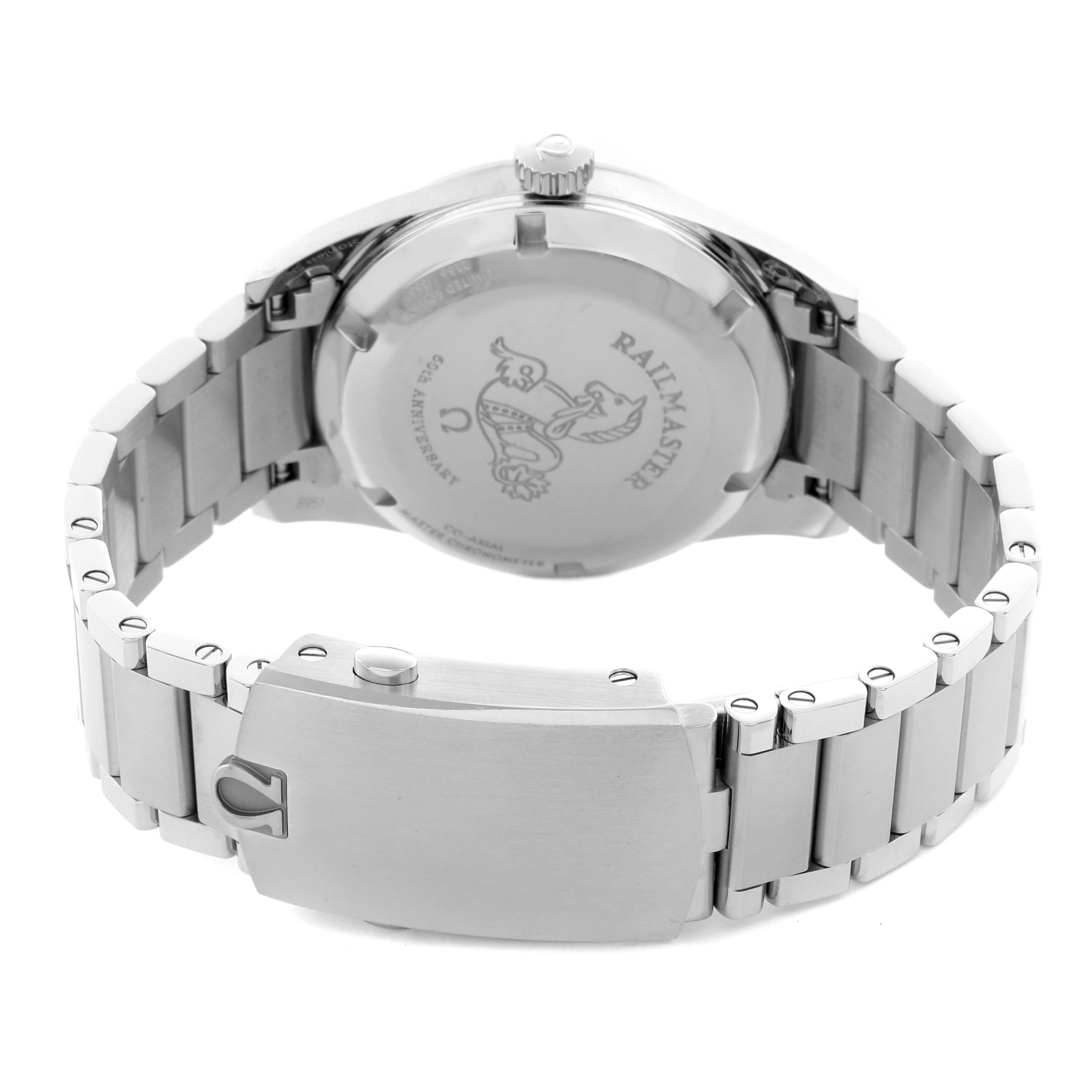 The image shows the back and clasp of an Omega Seamaster 220.10.38.20.01.002 Men's Stainless Steel Black Dial 220.10.38.20.01.002 Men's Stainless Steel Black Dial watch, highlighting the case back and bracelet details.