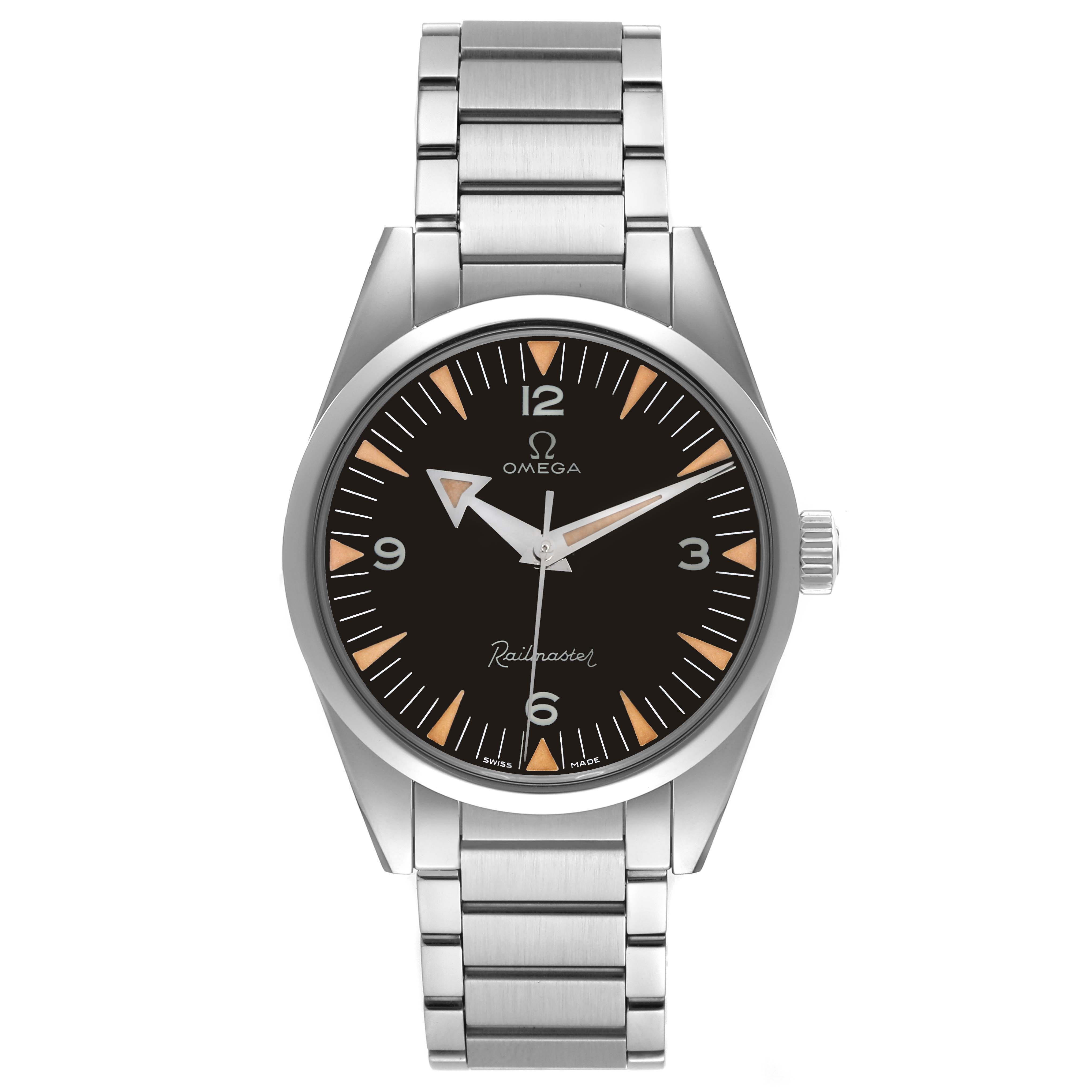 The Omega Seamaster 220.10.38.20.01.002 Men's Stainless Steel Black Dial 220.10.38.20.01.002 Men's Stainless Steel Black Dial watch is shown from a front view, displaying its dial, hands, and metal bracelet.