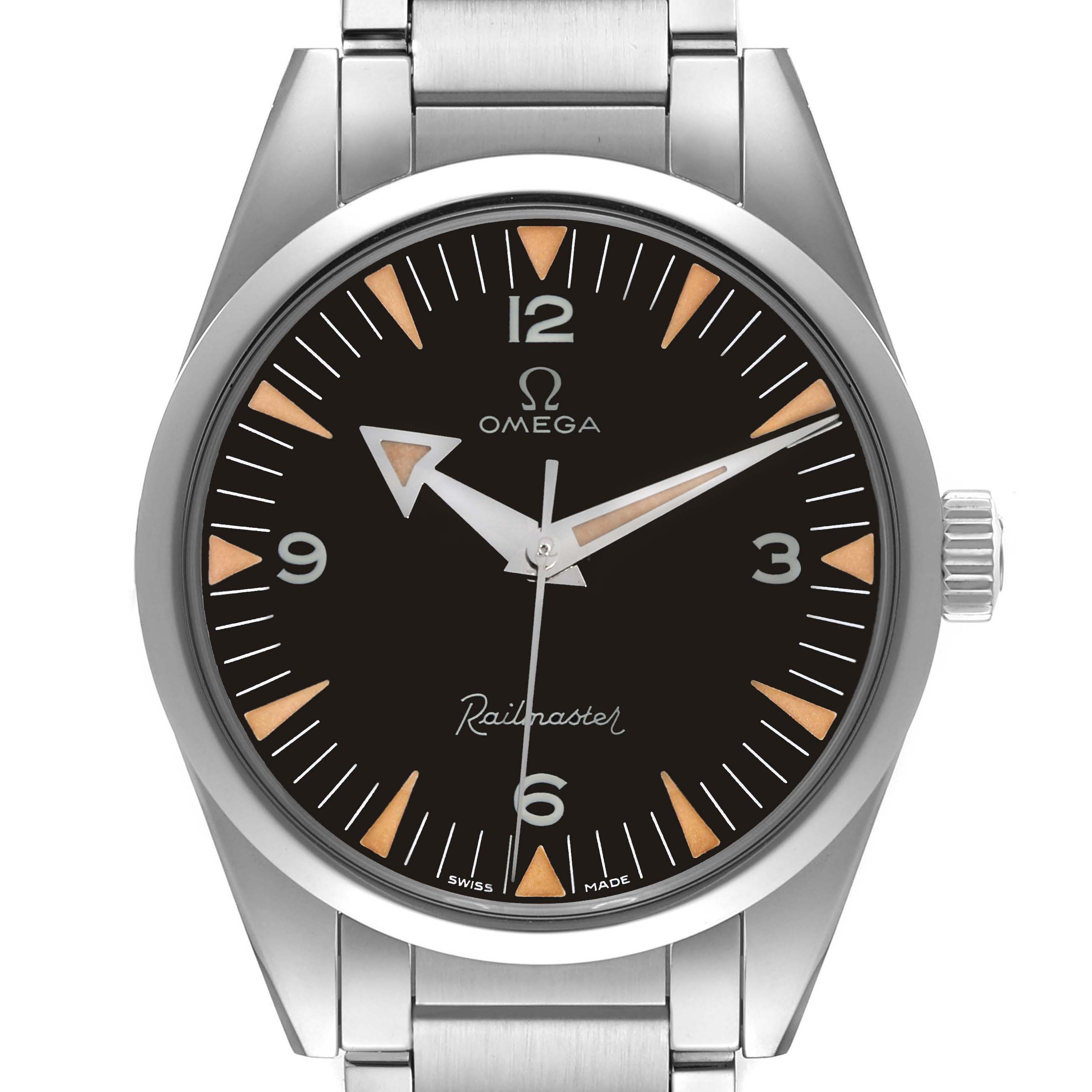 The Omega Seamaster 220.10.38.20.01.002 Men's Stainless Steel Black Dial 220.10.38.20.01.002 Men's Stainless Steel Black Dial watch is shown from a front angle, displaying the dial, bezel, crown, and part of the bracelet.