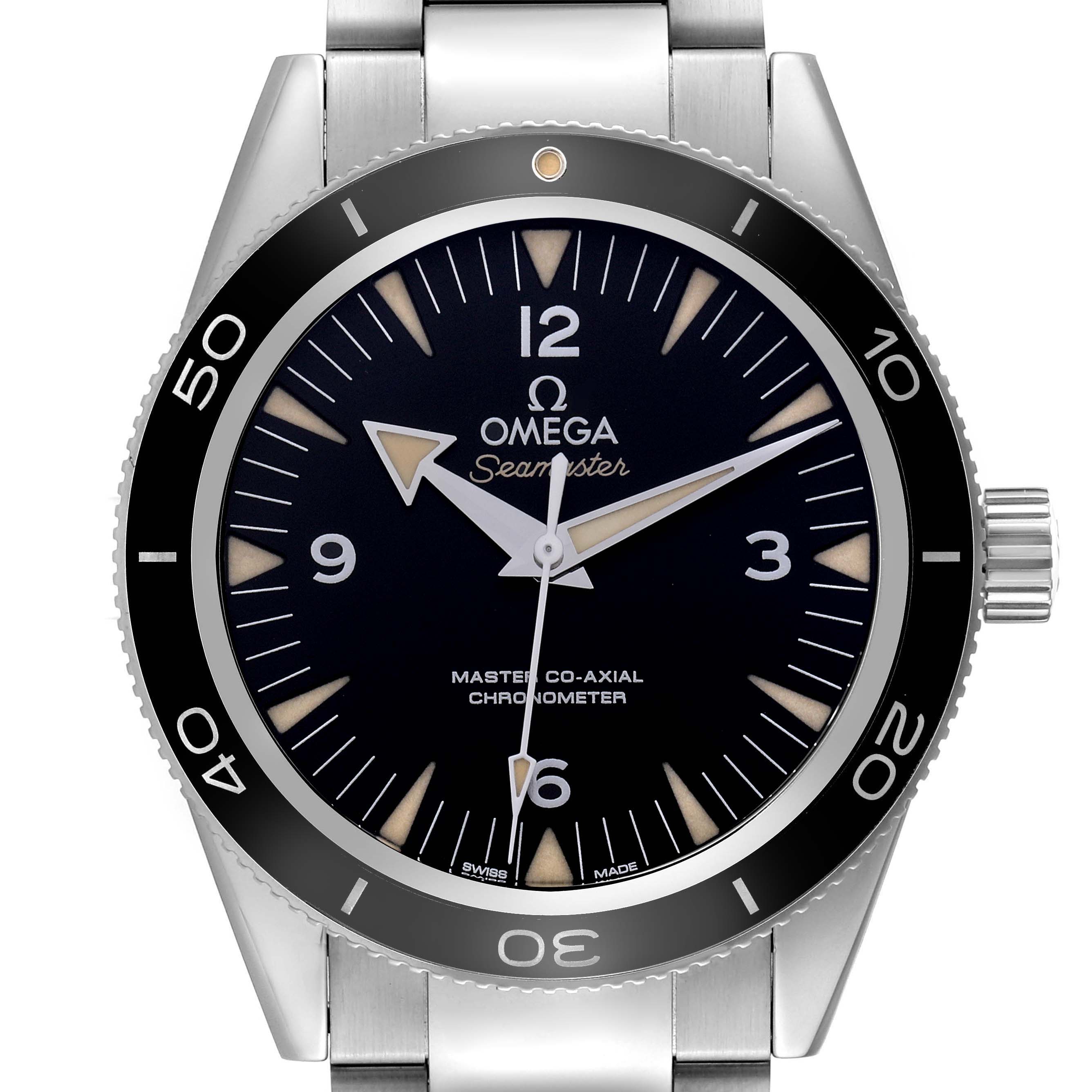 The Omega Seamaster 233.30.41.21.01.001 Men's Stainless Steel Black Dial 233.30.41.21.01.001 Men's Stainless Steel Black Dial watch is shown from the front, displaying the dial, hands, bezel, and part of the bracelet.